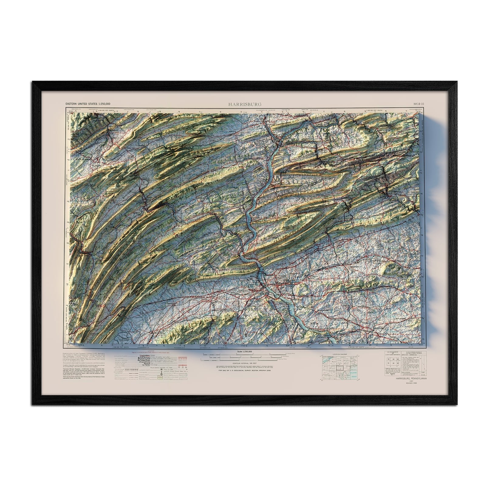 Harrisburg, PA 1957 Shaded Relief Map - Muir Way - Vintage Relief