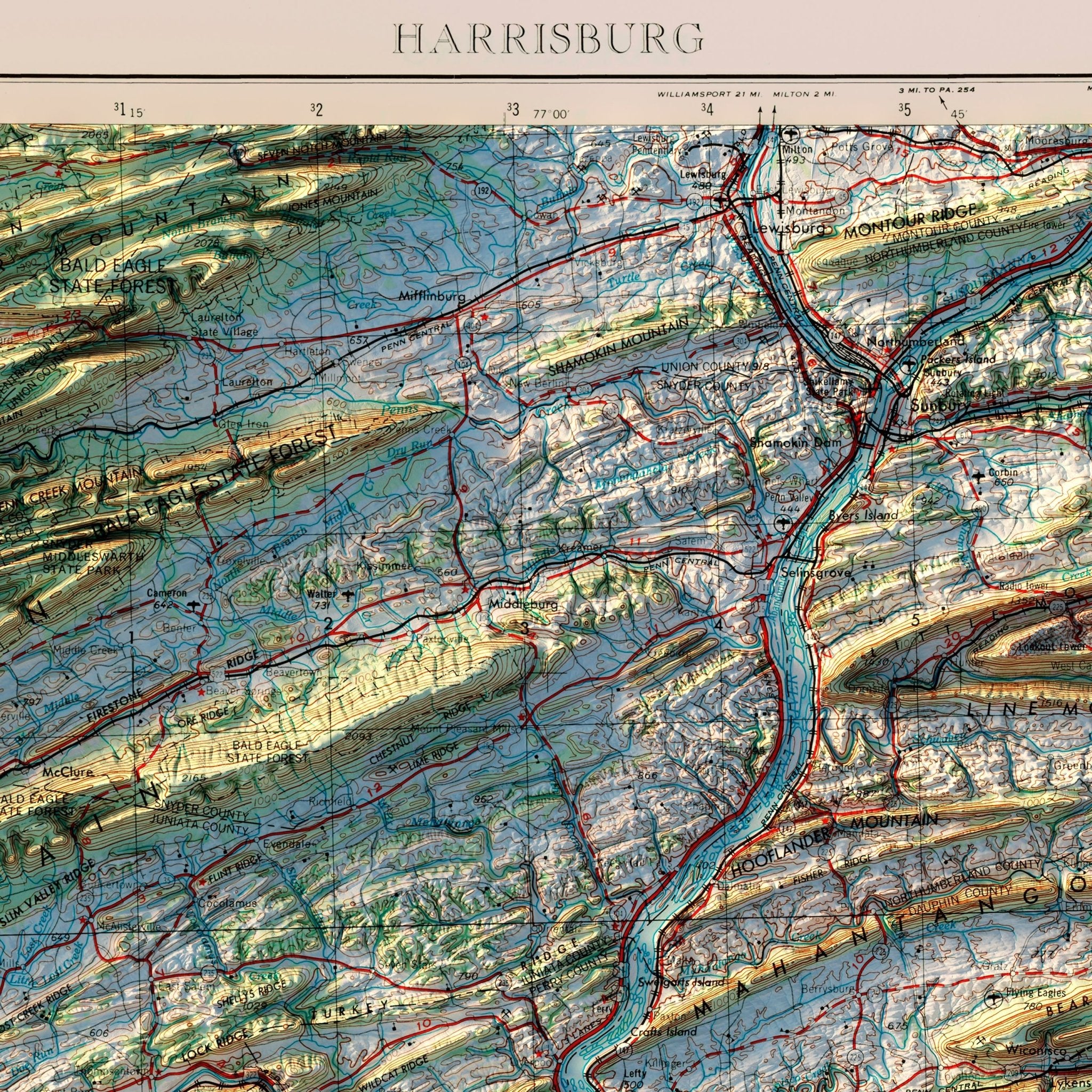 Harrisburg, PA 1957 Shaded Relief Map - Muir Way - Vintage Relief