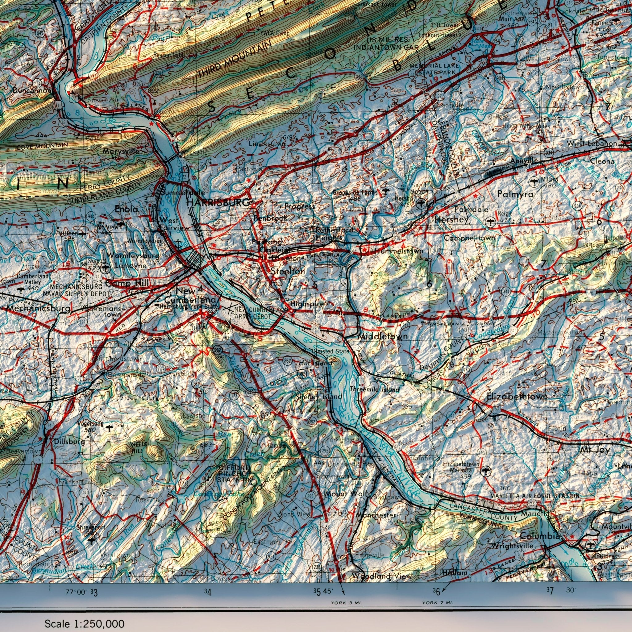 Harrisburg, PA 1957 Shaded Relief Map - Muir Way - Vintage Relief