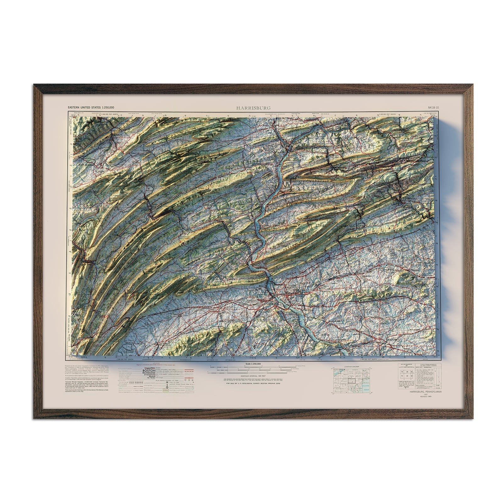 Harrisburg, PA 1957 Shaded Relief Map - Muir Way - Vintage Relief