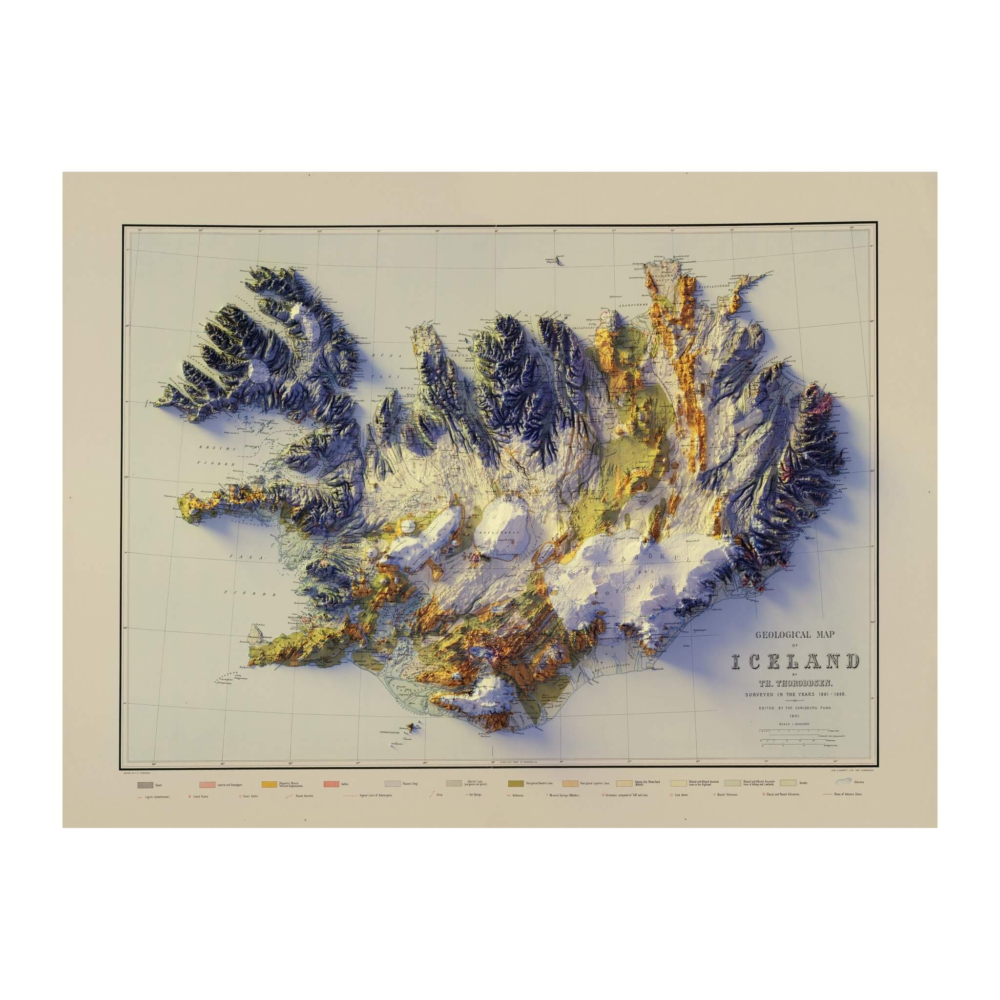 Iceland 1901 Shaded Relief Map - Muir Way - Vintage Relief