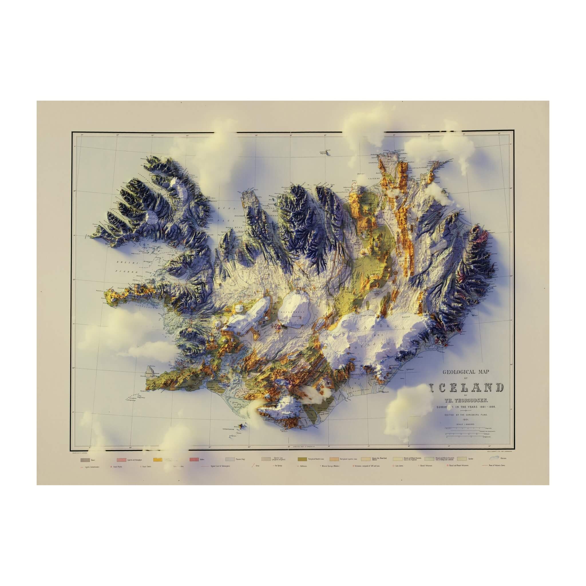 Iceland 1901 Shaded Relief Map - Muir Way - Vintage Relief
