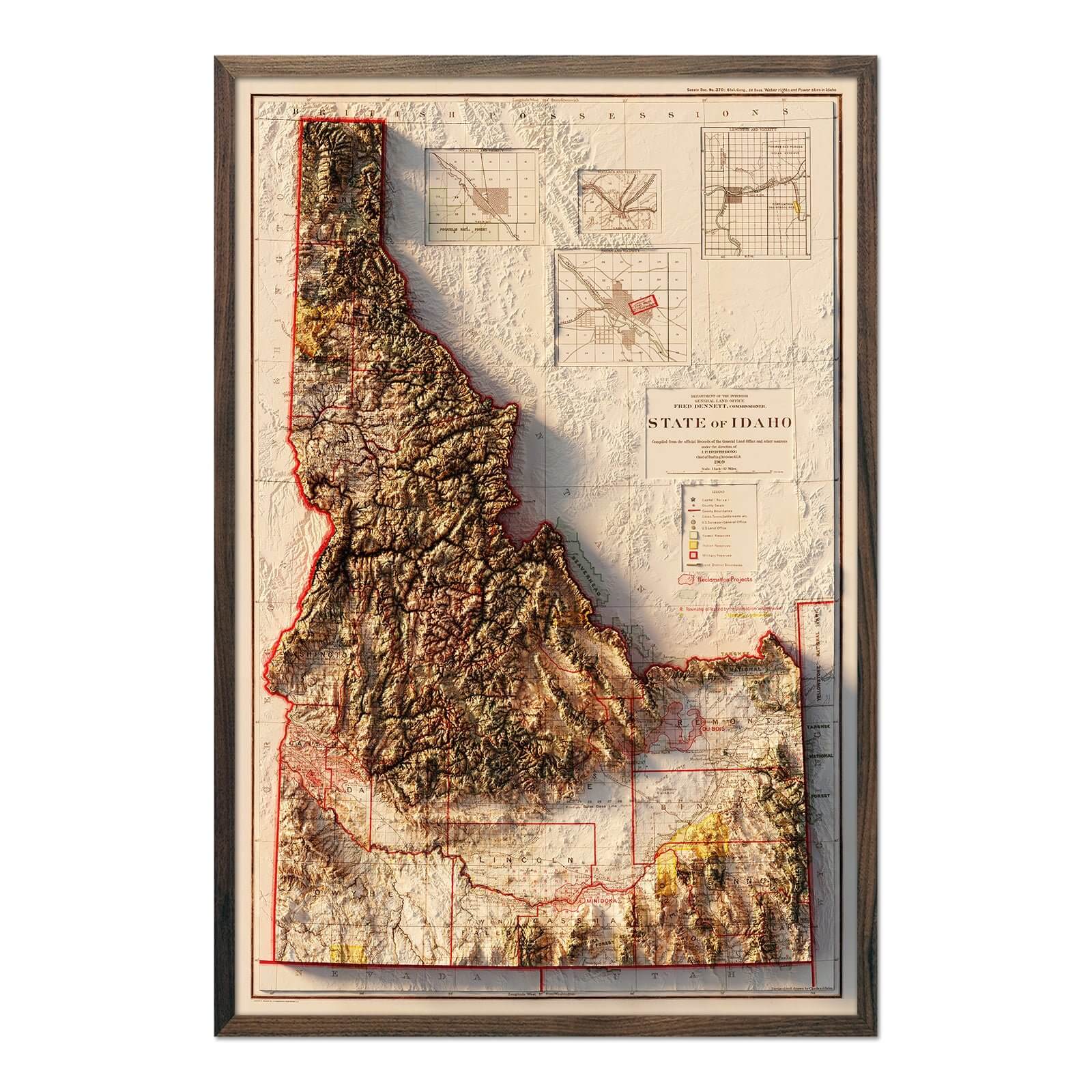 Idaho 1909 Shaded Relief Map - Muir Way - Vintage Relief