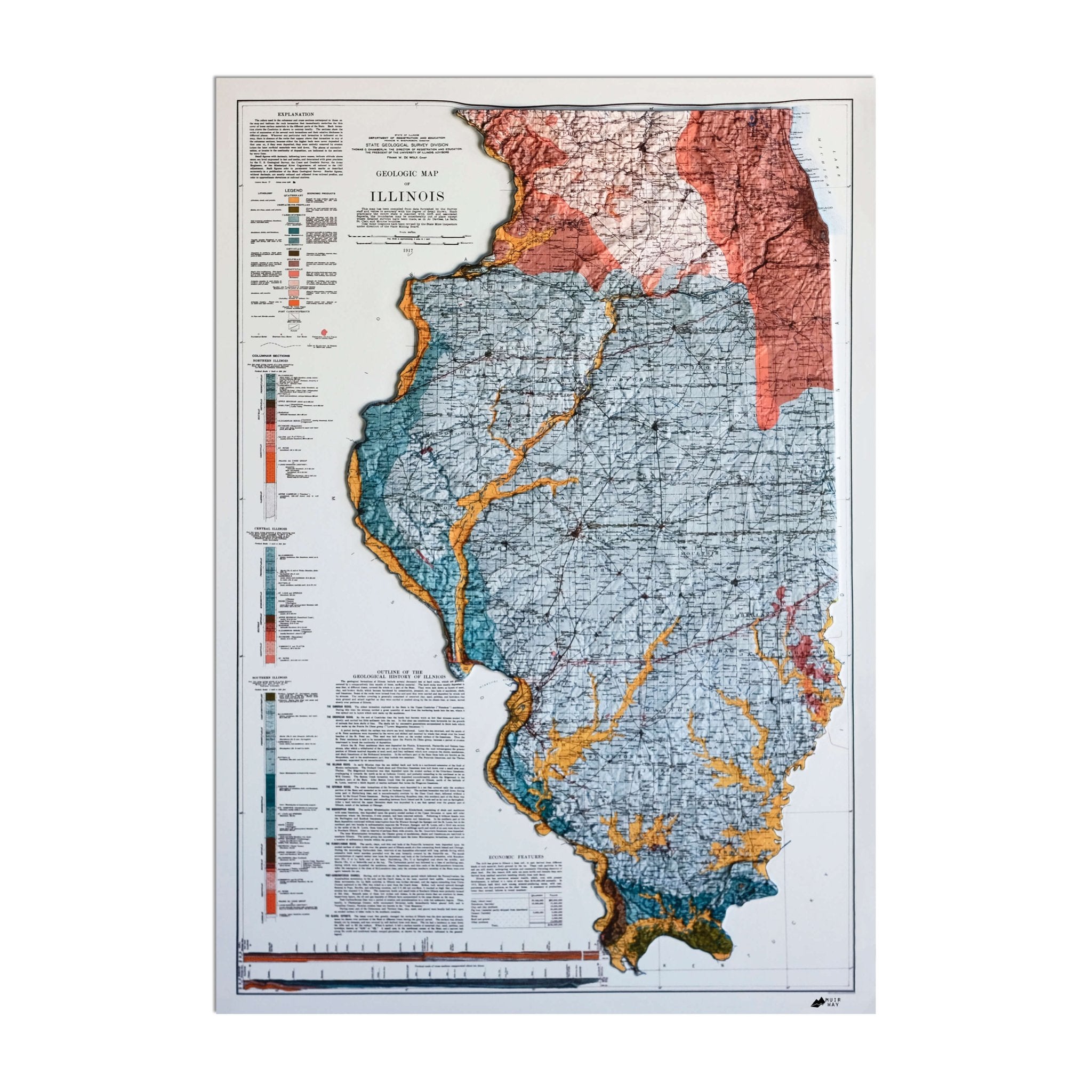 Illinois 1917 3D Raised Relief Map - Muir Way - 3D