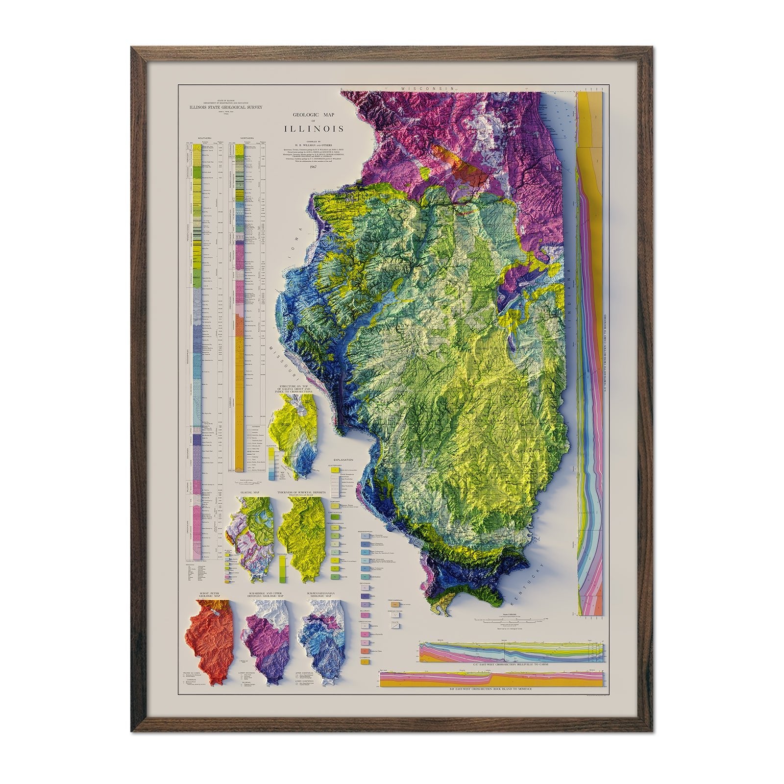 Illinois 1967 Shaded Relief Map - Muir Way - Vintage Relief