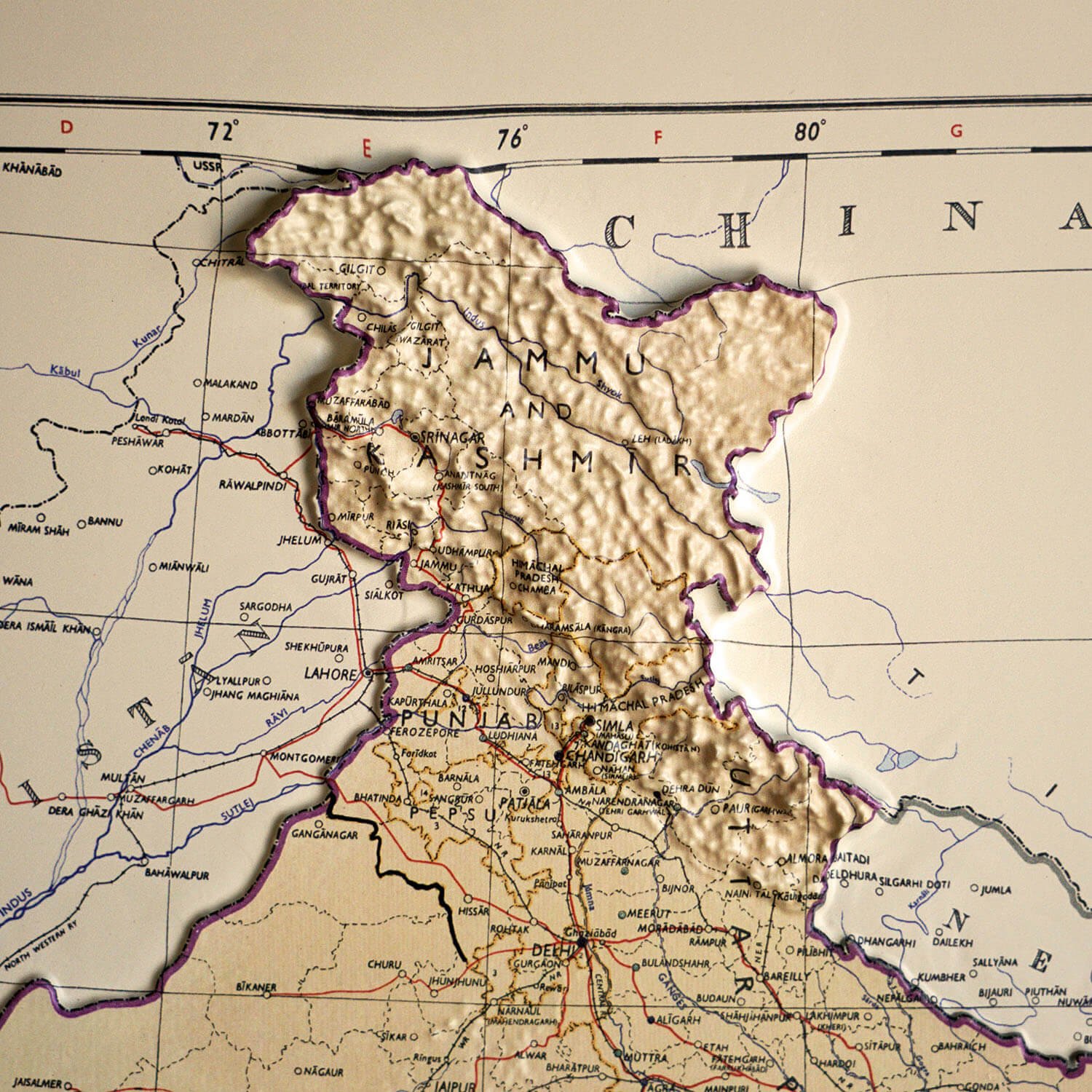 India 1954 3D Raised Relief Map - Muir Way - 3D