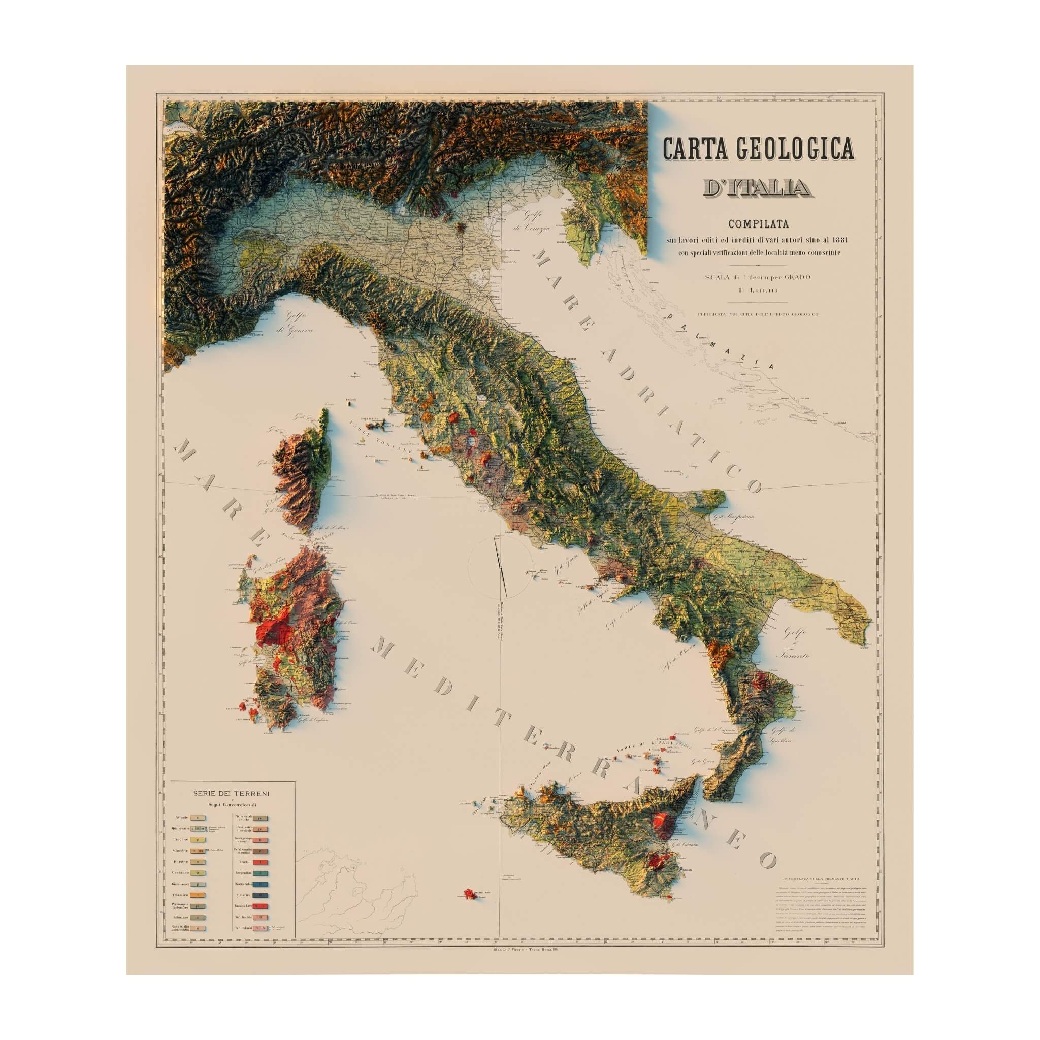 Italy 1881 Shaded Relief Map - Muir Way - Vintage Relief
