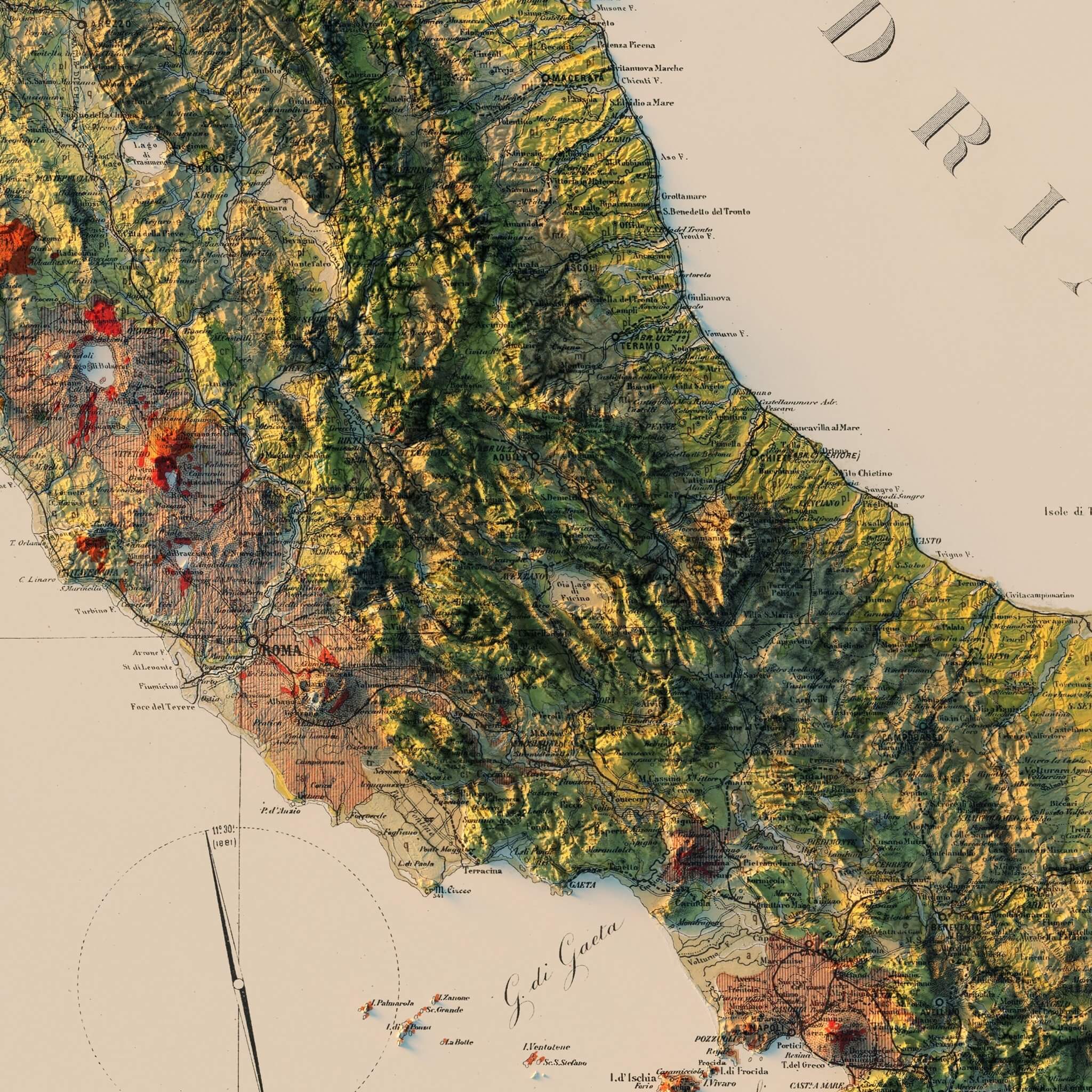 Italy 1881 Shaded Relief Map - Muir Way - Vintage Relief