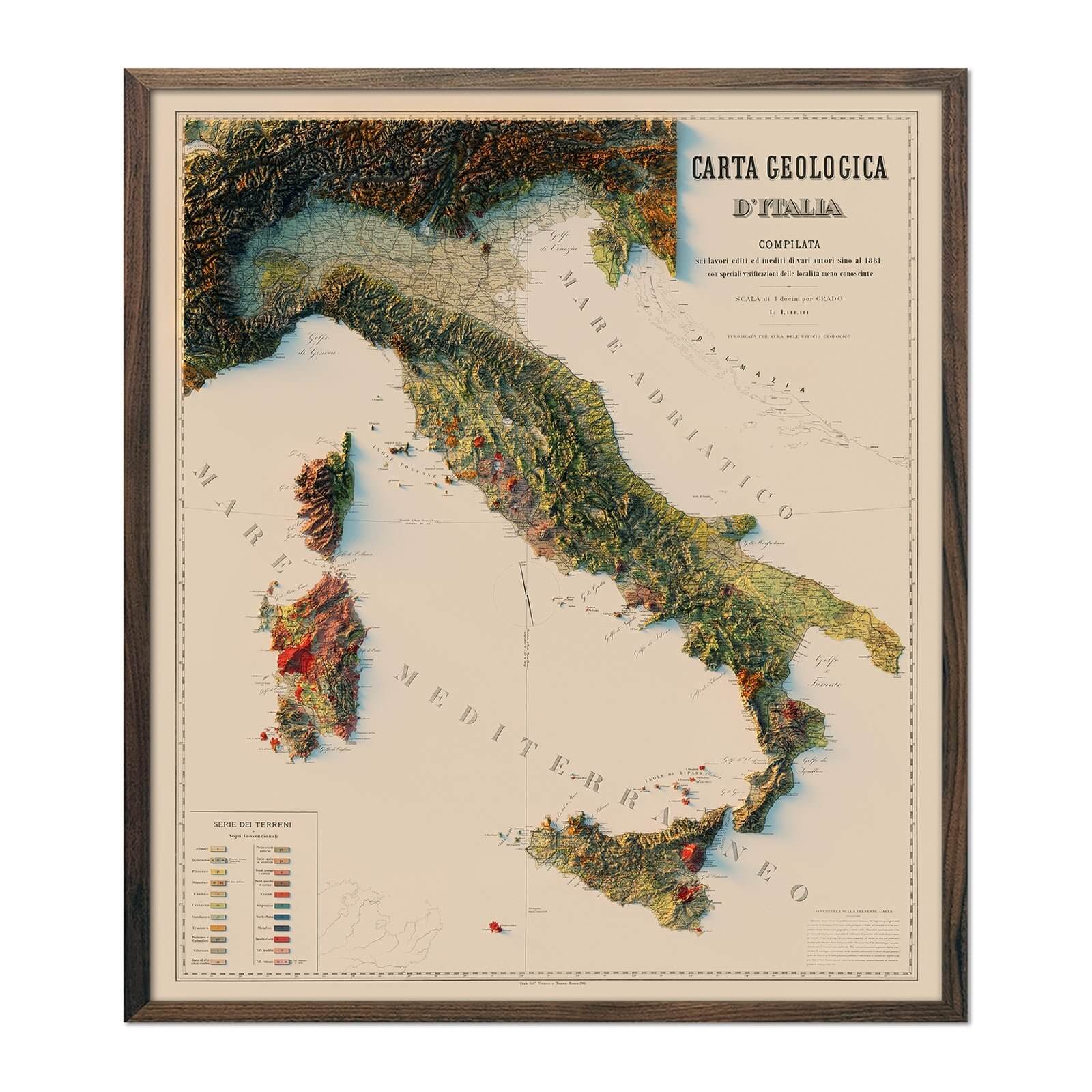 Italy 1881 Shaded Relief Map - Muir Way - Vintage Relief