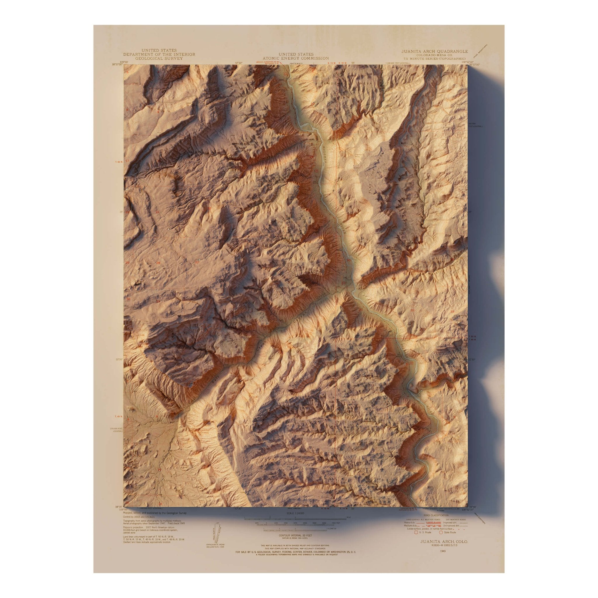 Juanita Arch, Colorado 1949 Shaded Relief Map - Muir Way - Vintage Relief