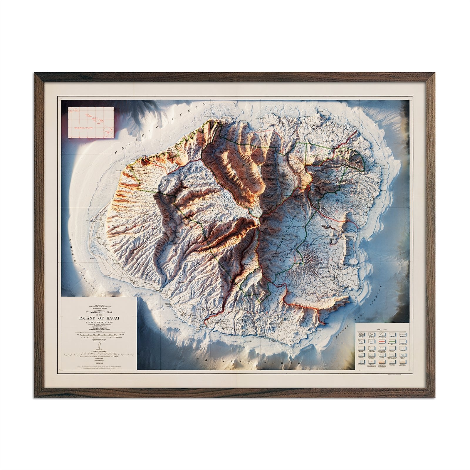 Kauai 1912 Shaded Relief Map - Muir Way - Vintage Relief