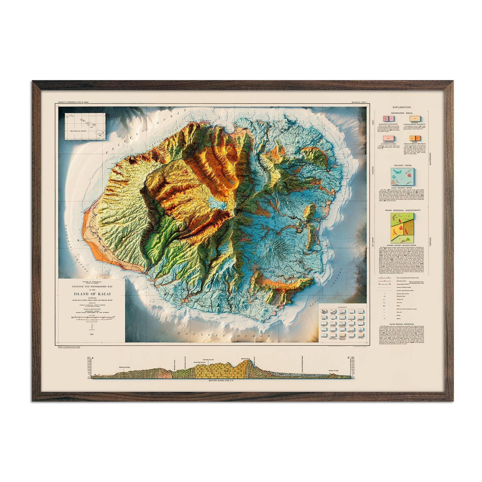 Kauai 1960 Geologic Shaded Relief Map - Muir Way - Vintage Relief