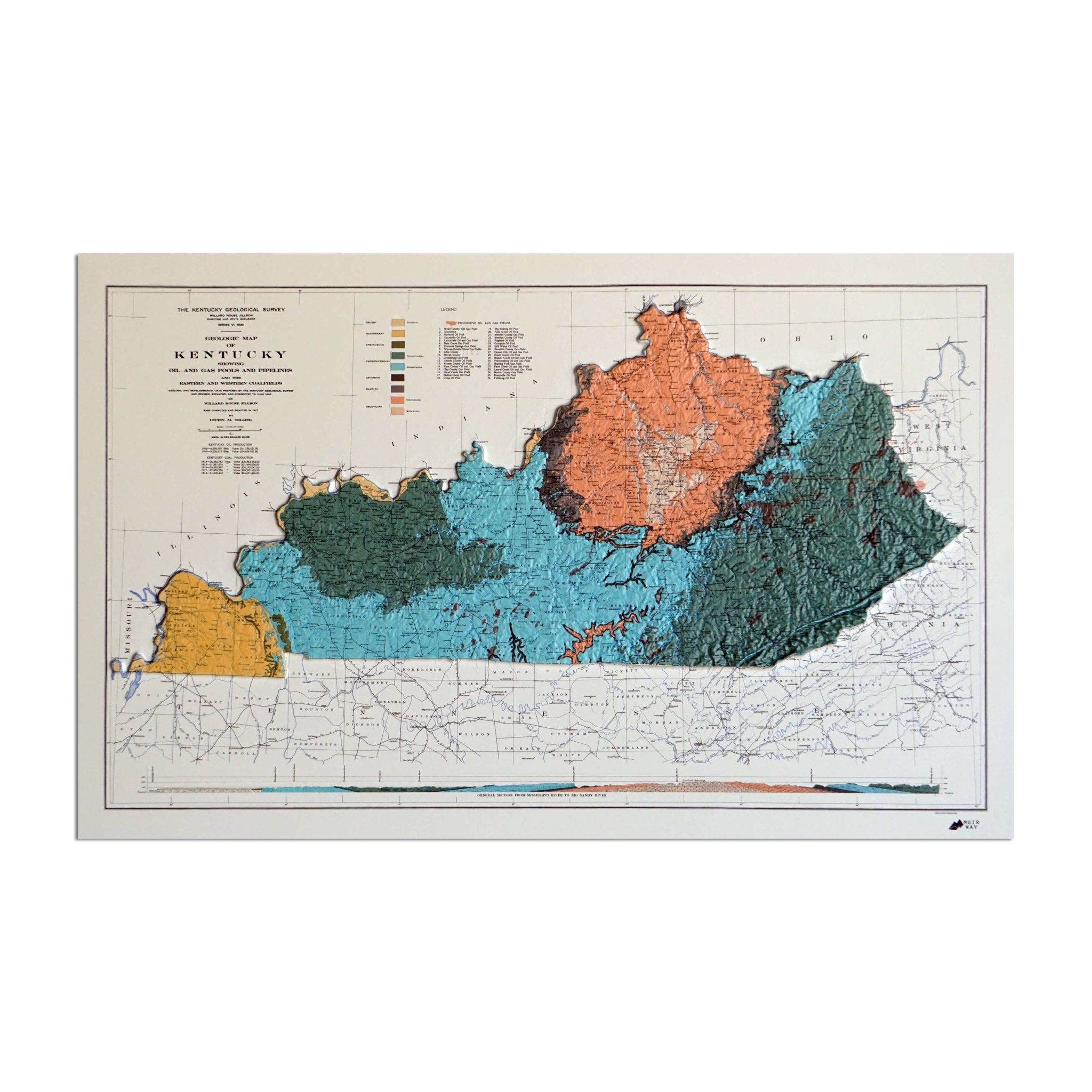 Kentucky 1920 3D Raised Relief Map - Muir Way - 3D