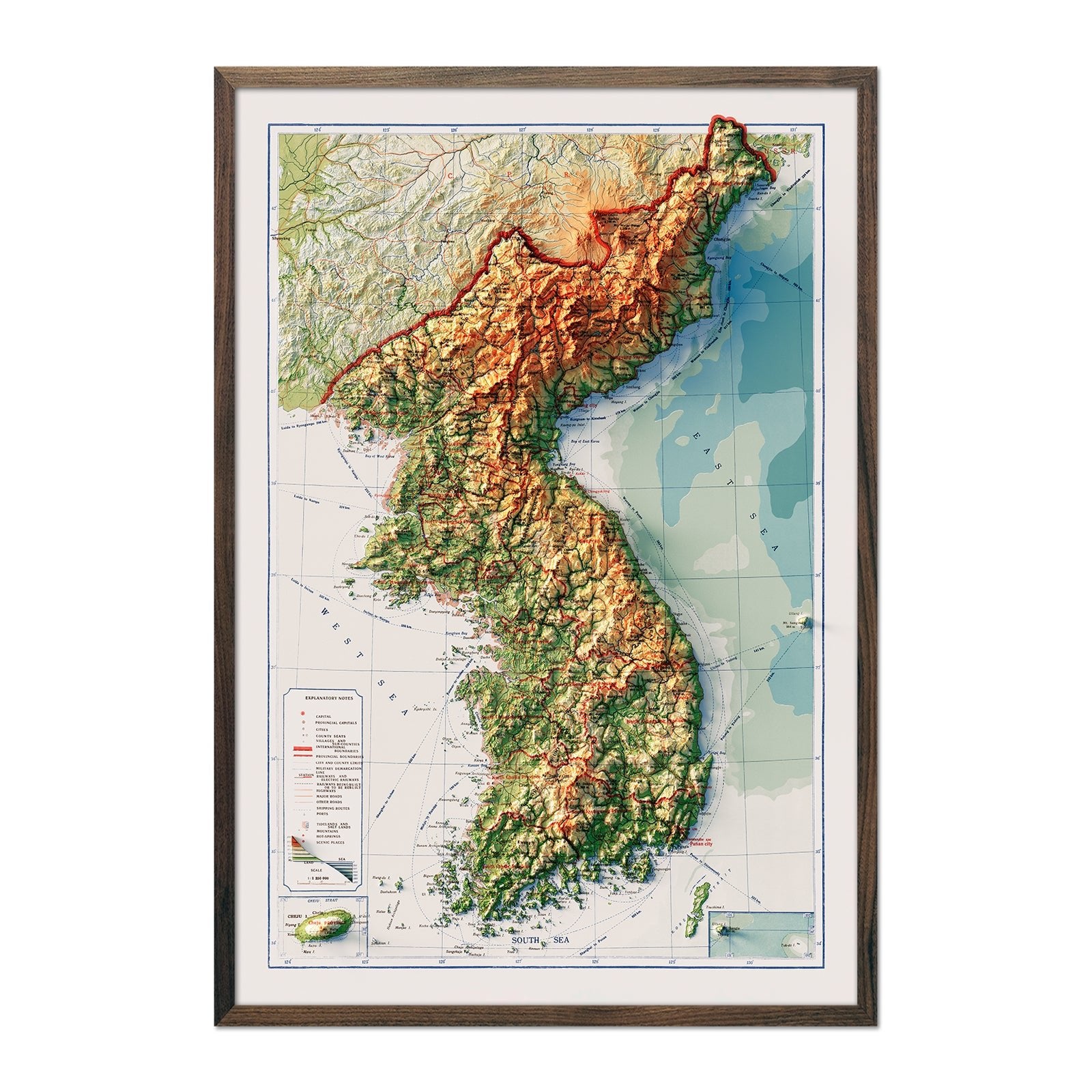 Korea Topographic 1966 Shaded Relief Map - Muir Way - Vintage Relief