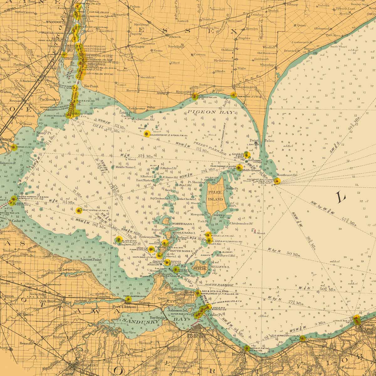 Lake Erie and Waterways between Lakes Ontario and Huron Nautical Chart 1910 - Muir Way - Vintage Map