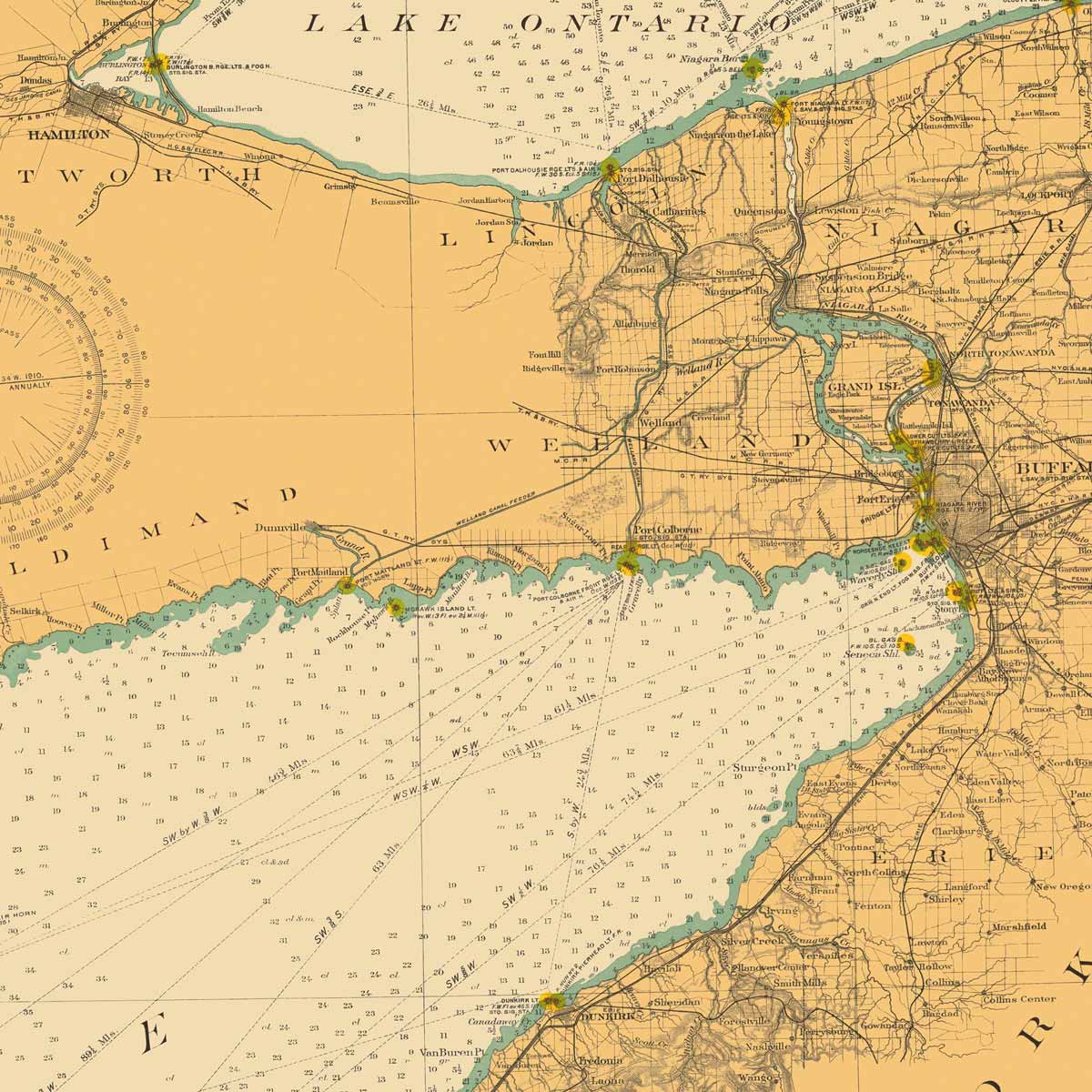 Lake Erie and Waterways between Lakes Ontario and Huron Nautical Chart 1910 - Muir Way - Vintage Map