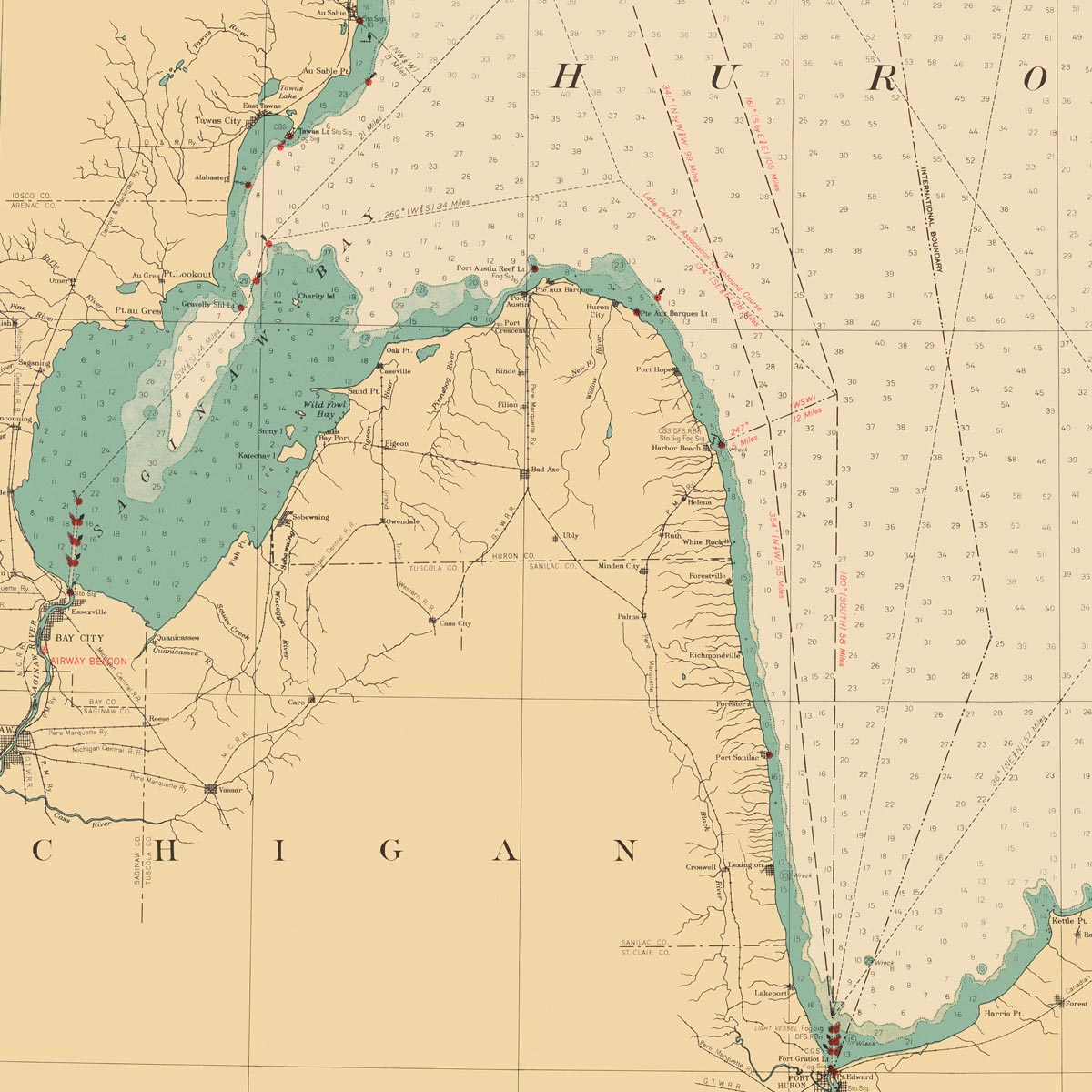 Lake Huron Nautical Chart 1940 - Muir Way - Vintage Map