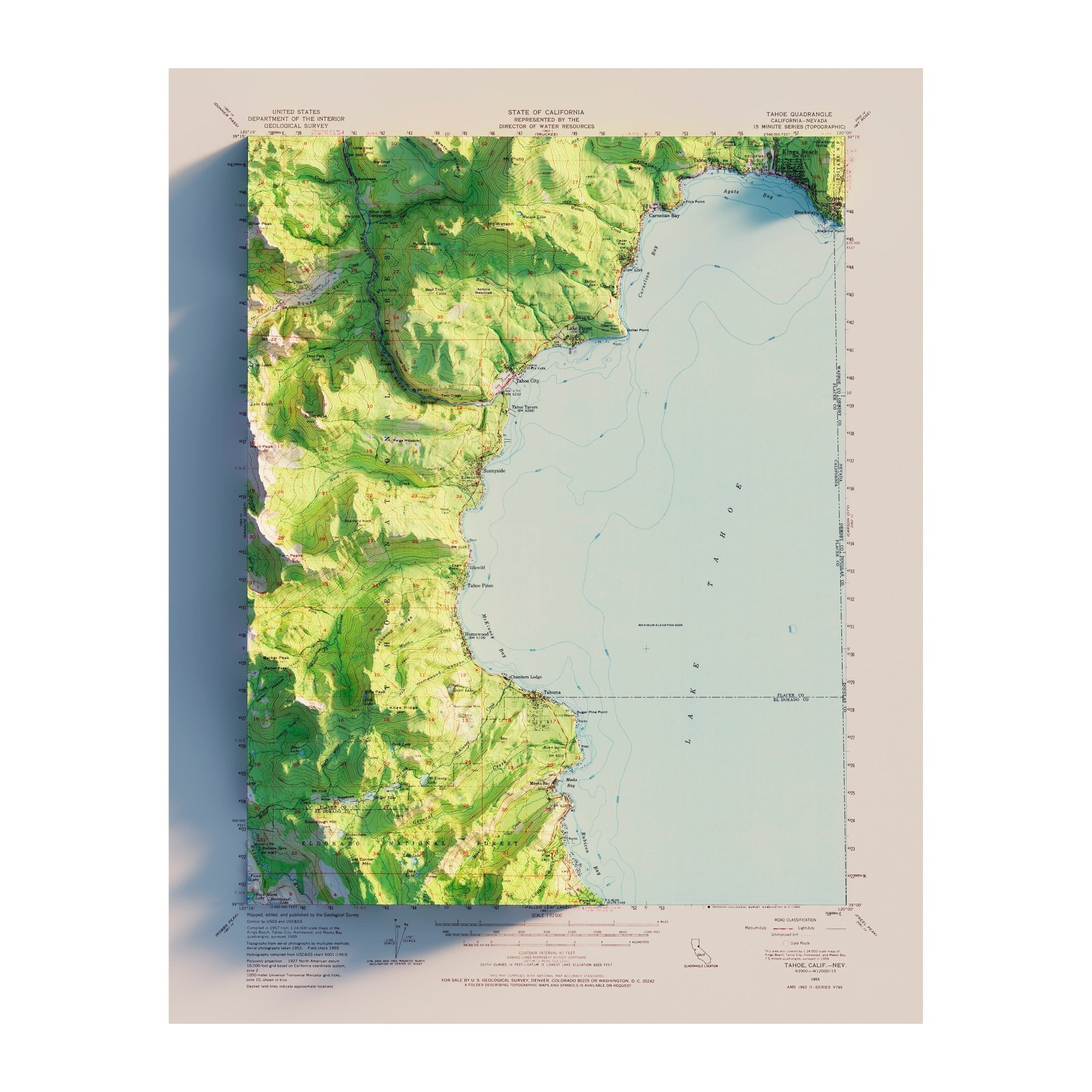 Lake Tahoe, CA 1955 Shaded Relief Map - Muir Way - Vintage Relief