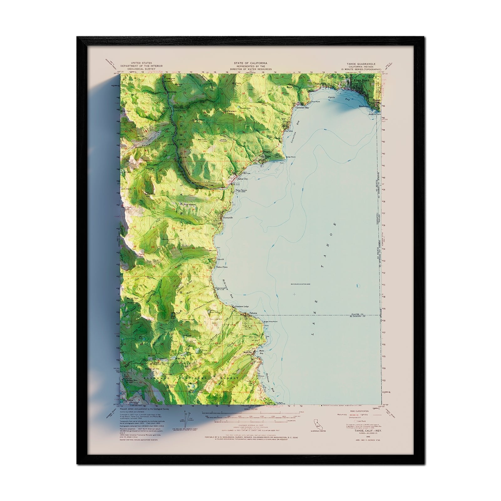 Lake Tahoe, CA 1955 Shaded Relief Map - Muir Way - Vintage Relief