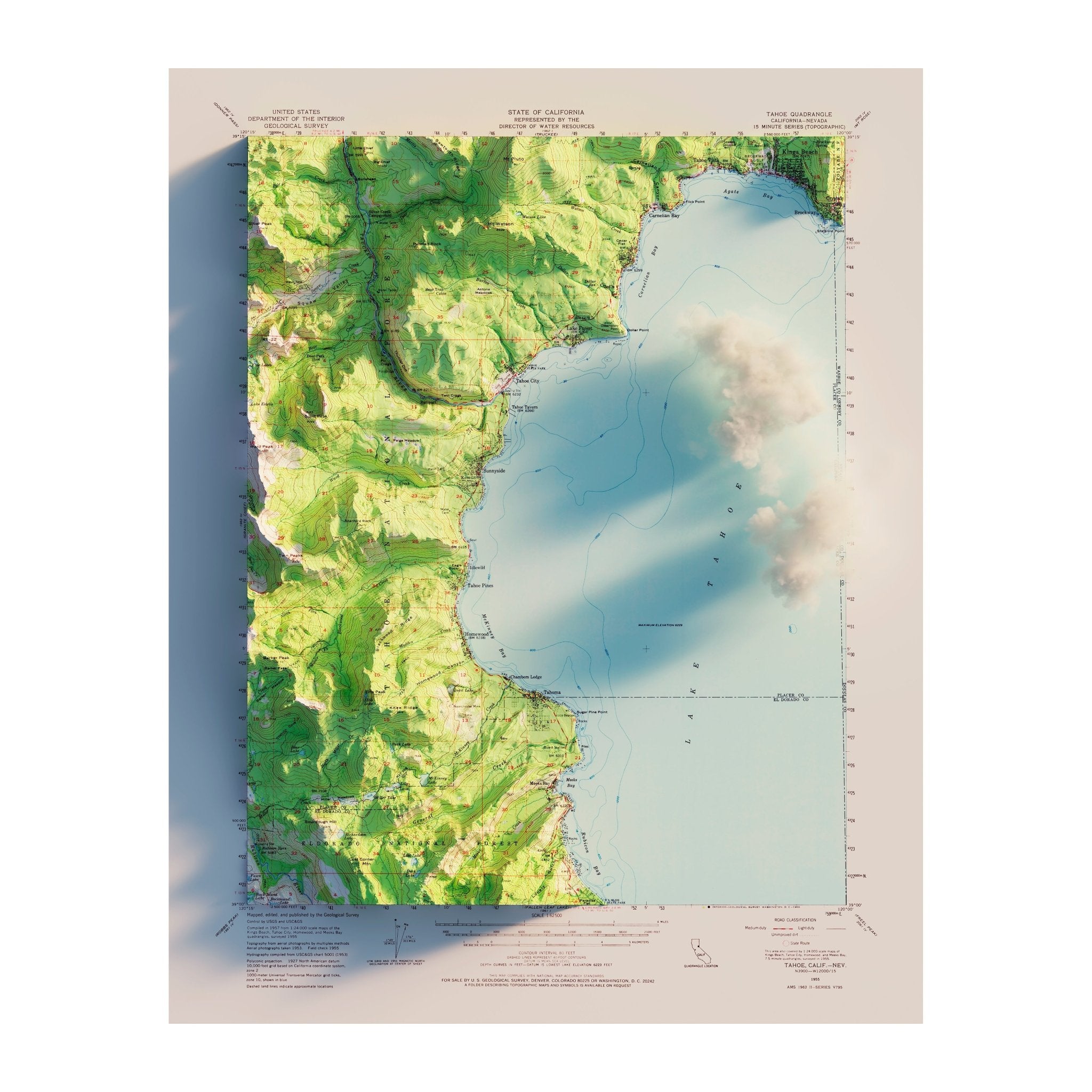 Lake Tahoe, CA 1955 Shaded Relief Map - Muir Way - Vintage Relief