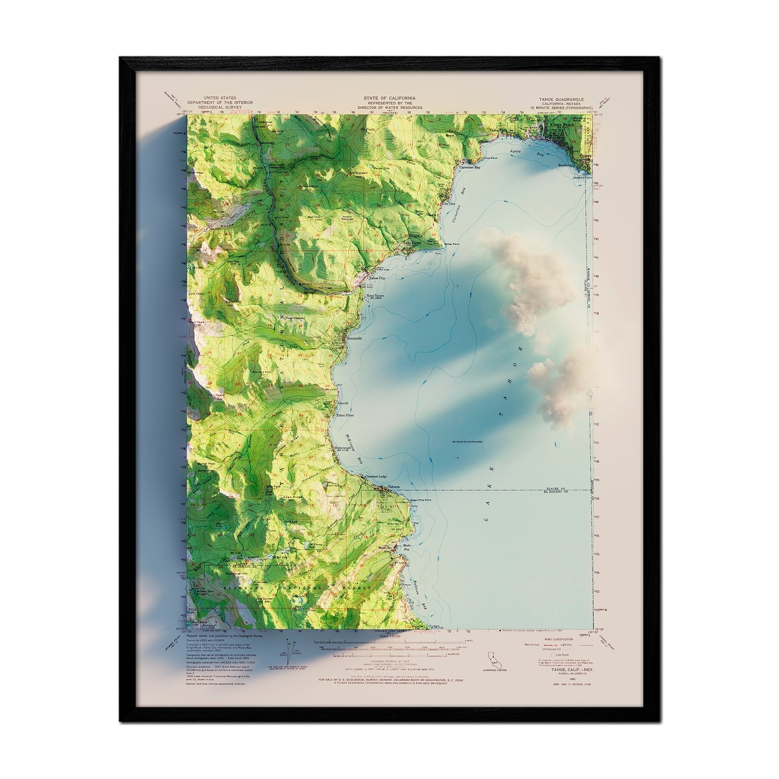Lake Tahoe, CA 1955 Shaded Relief Map - Muir Way - Vintage Relief