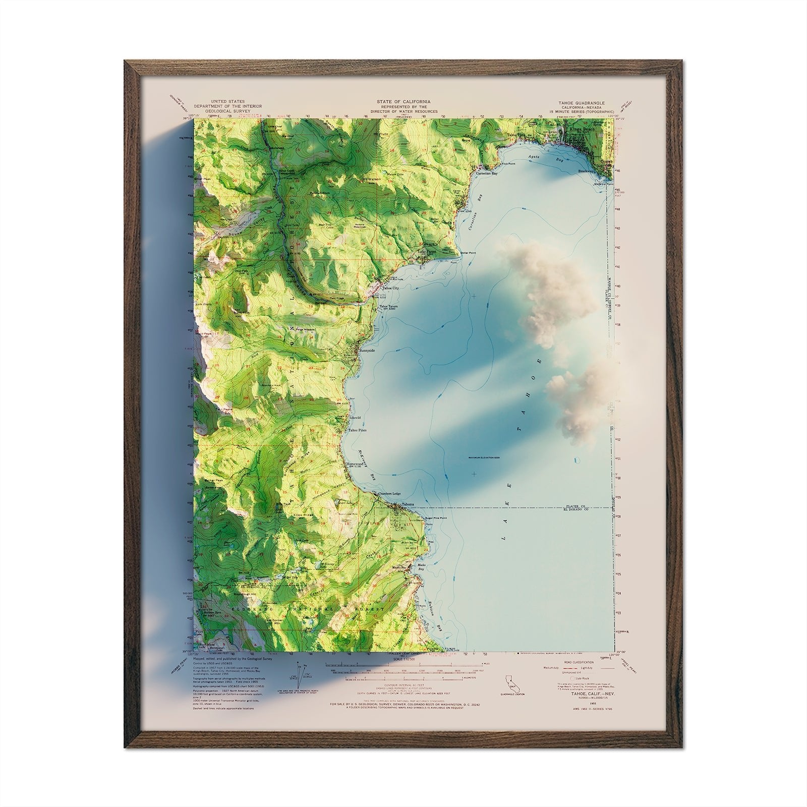 Lake Tahoe, CA 1955 Shaded Relief Map - Muir Way - Vintage Relief