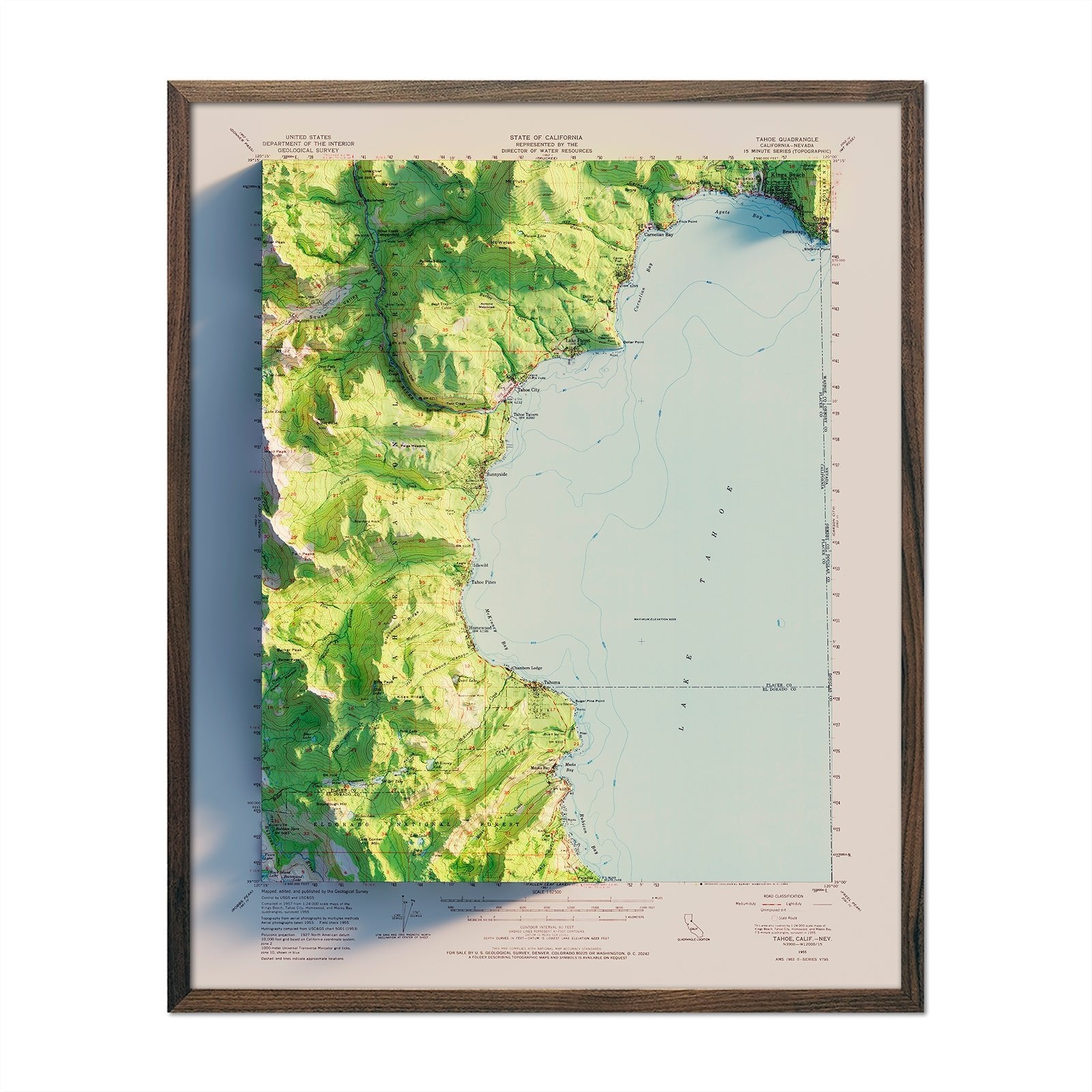 Lake Tahoe, CA 1955 Shaded Relief Map - Muir Way - Vintage Relief