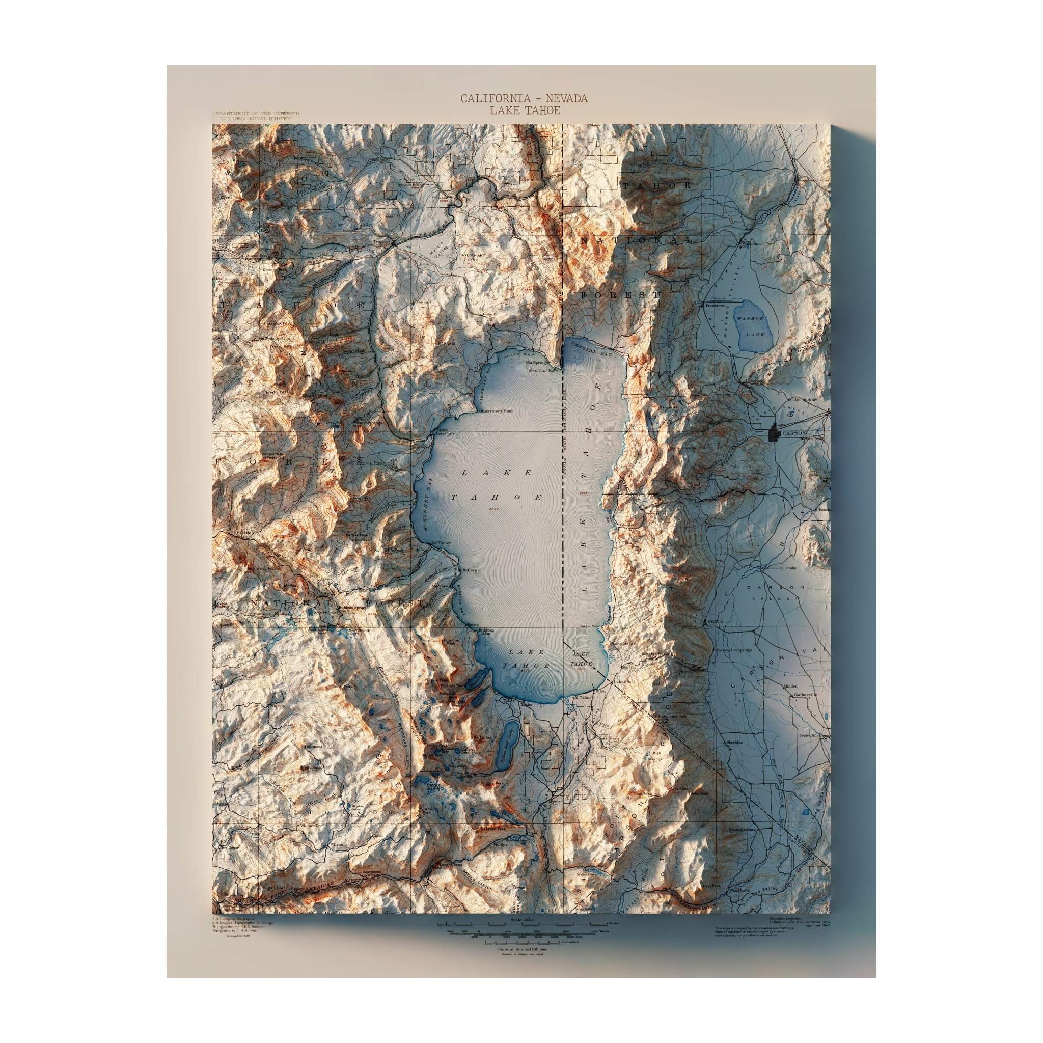 Lake Tahoe 1895 Shaded Relief Map - Muir Way - Vintage Relief