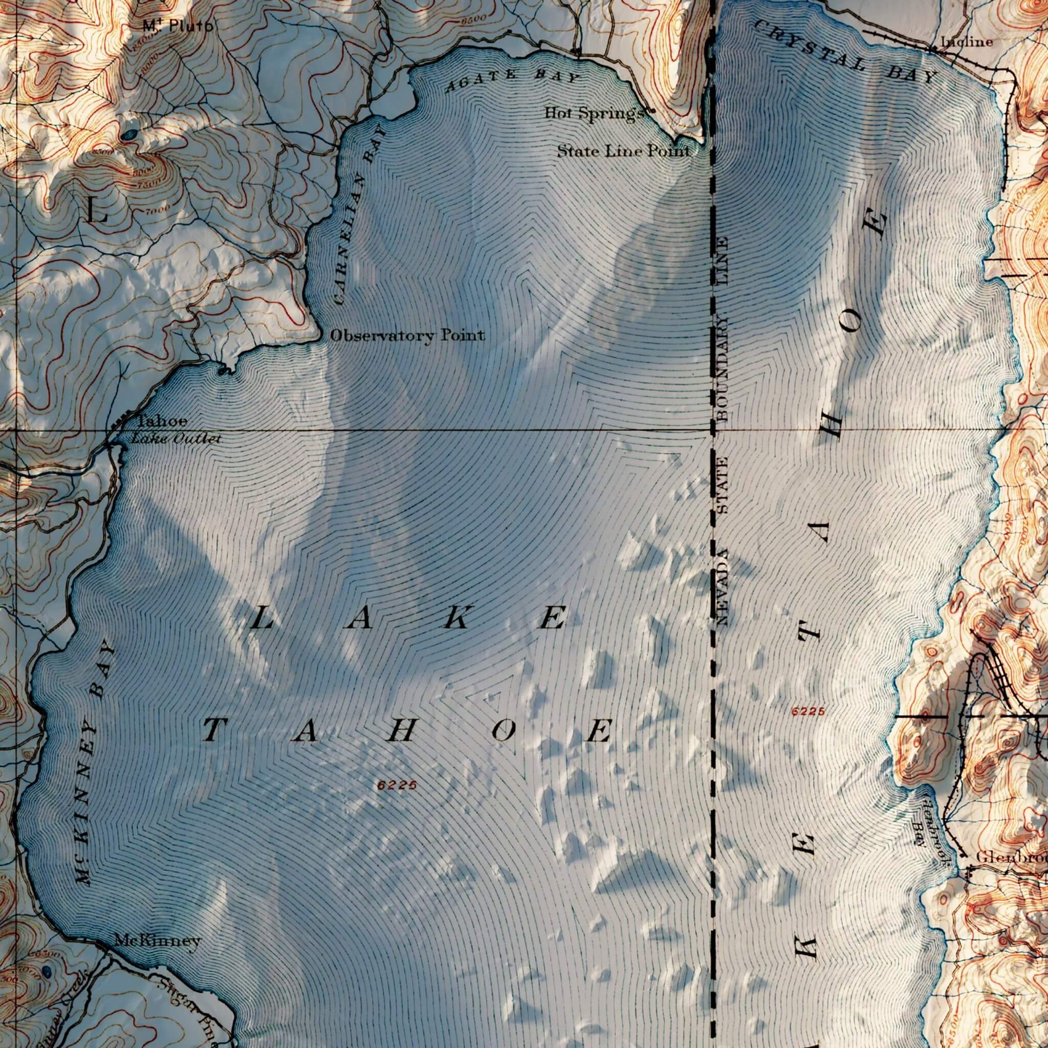 Lake Tahoe 1895 Shaded Relief Map - Muir Way - Vintage Relief