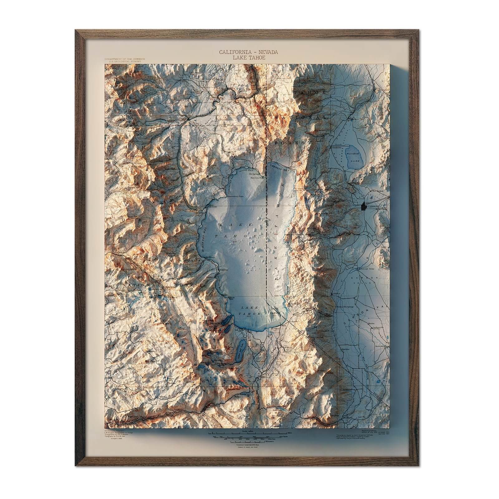 Lake Tahoe 1895 Shaded Relief Map - Muir Way - Vintage Relief