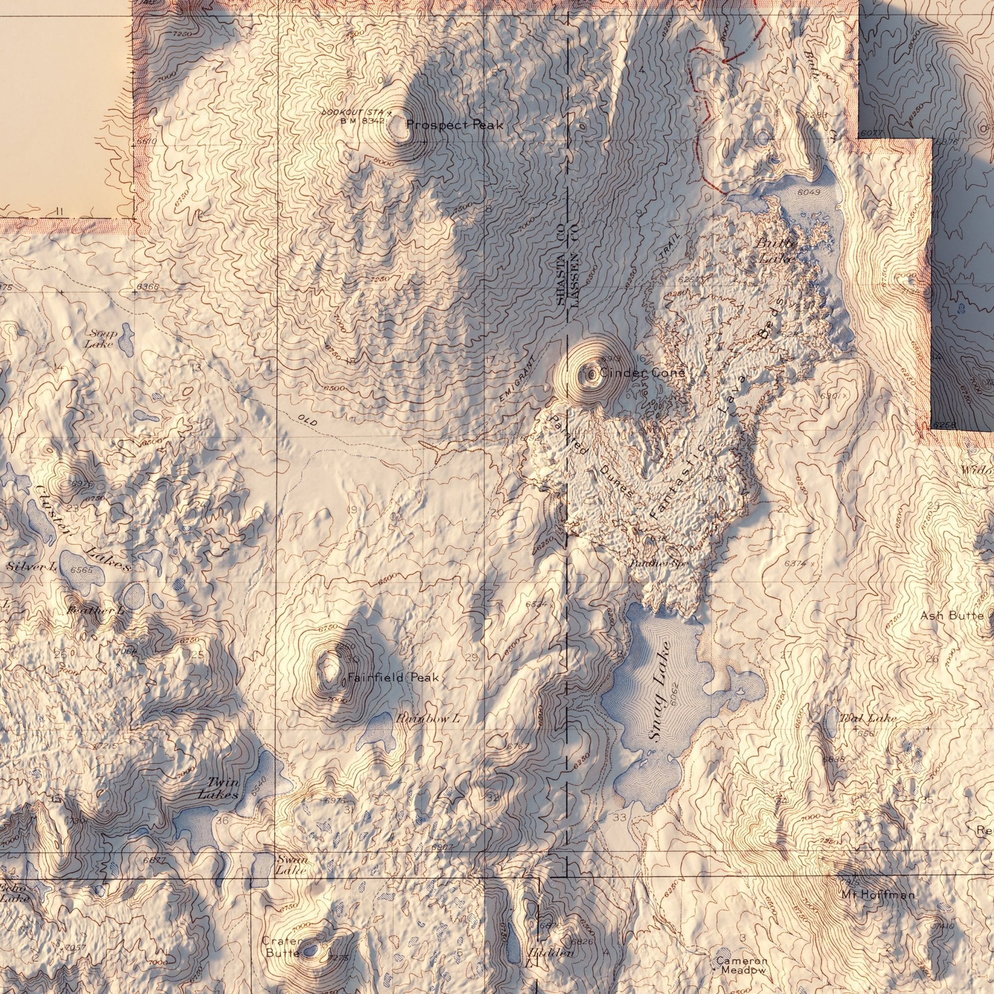 Lassen Volcanic National Park 1929 Shaded Relief Map - Muir Way - Vintage Relief