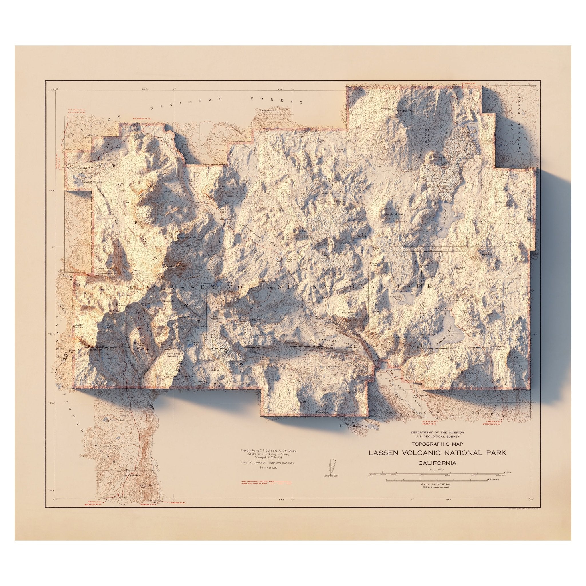 Lassen Volcanic National Park 1929 Shaded Relief Map - Muir Way - Vintage Relief