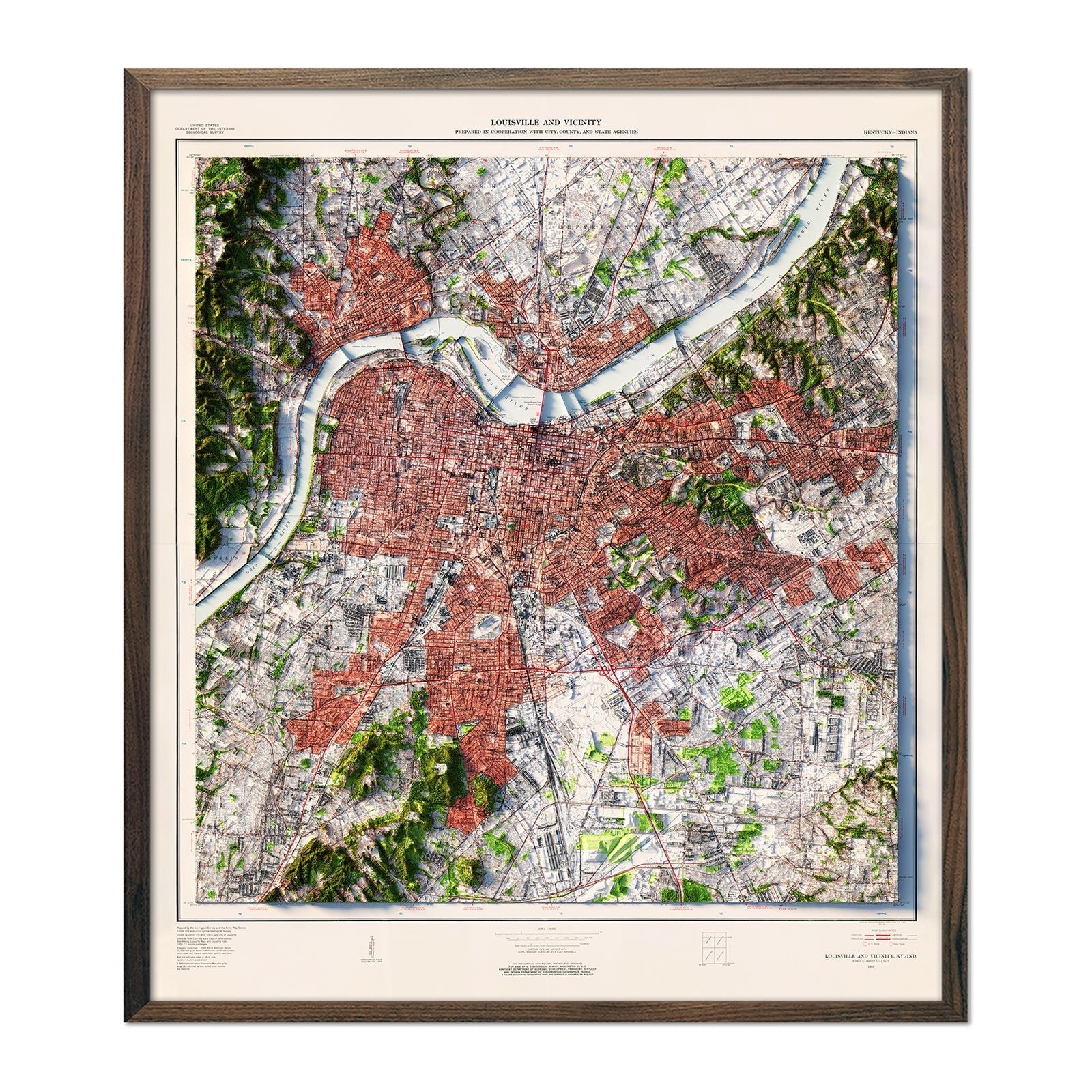 Louisville, Kentucky 1955 Shaded Relief Map - Muir Way - Vintage Relief
