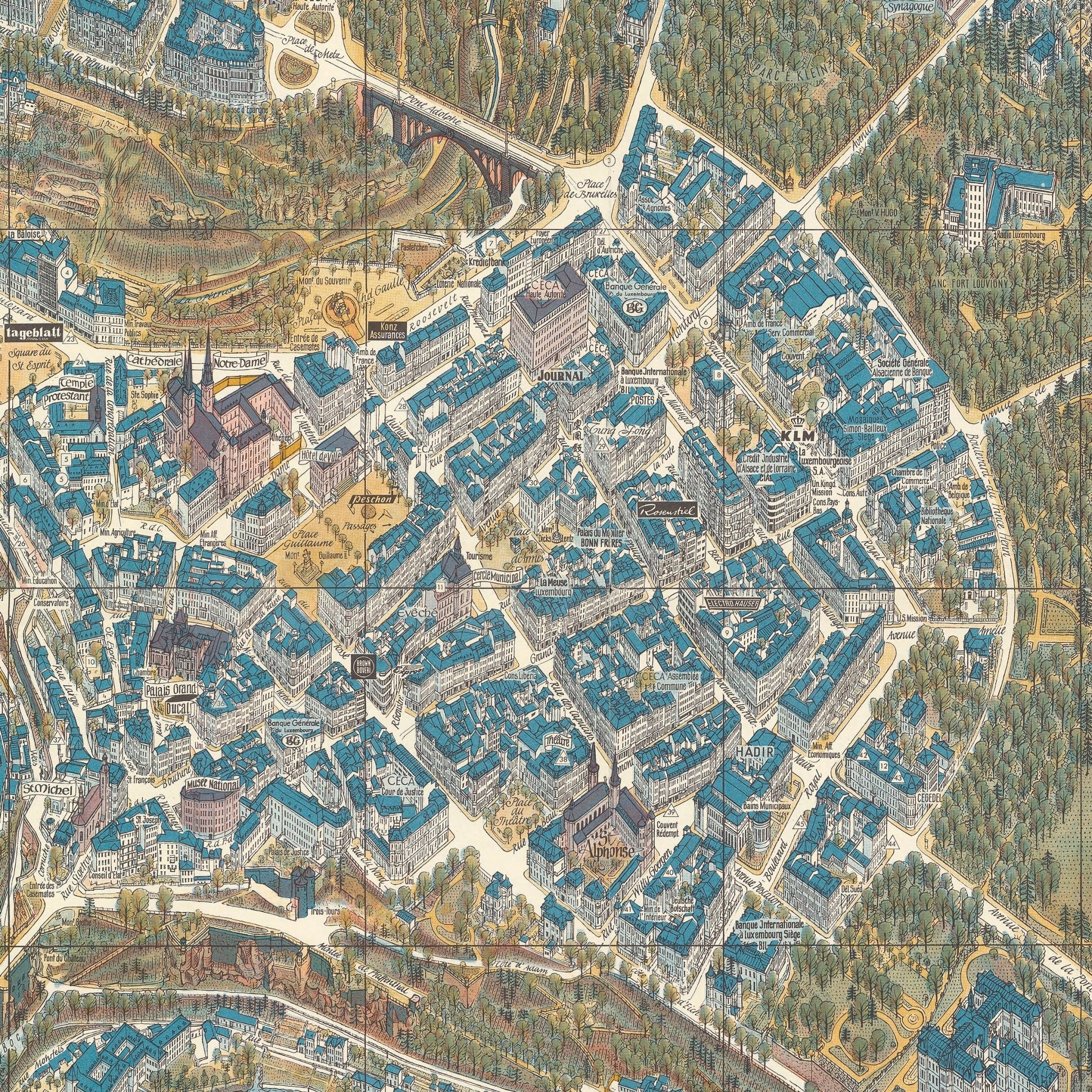 Luxembourg City 1961 Map - Muir Way - Vintage Map