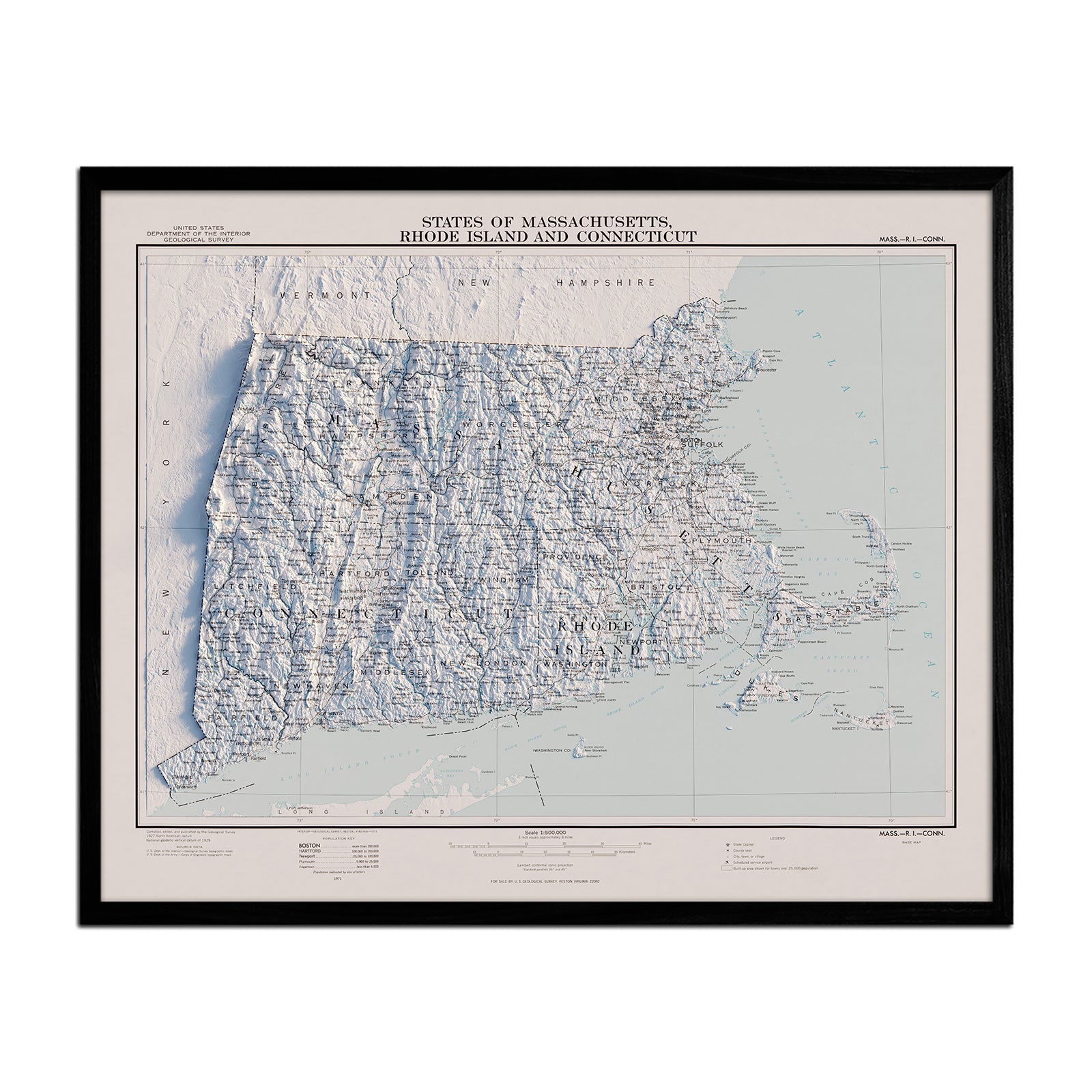 Vintage Massachusetts, Rhode Island, & Connecticut Relief Map - 1975