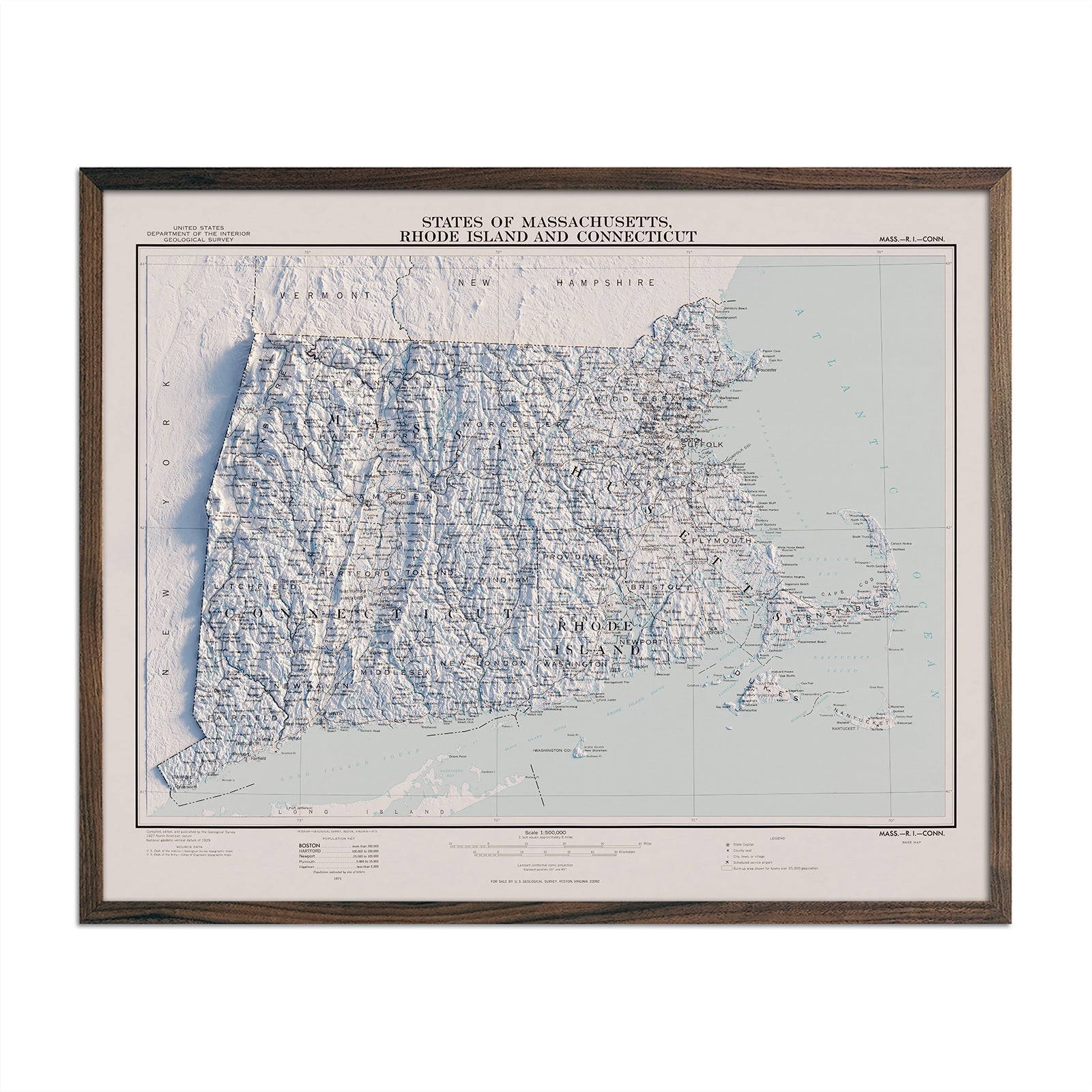 Massachusetts, Rhode Island, and Connecticut 1975 Shaded Relief Map - Muir Way - Vintage Relief