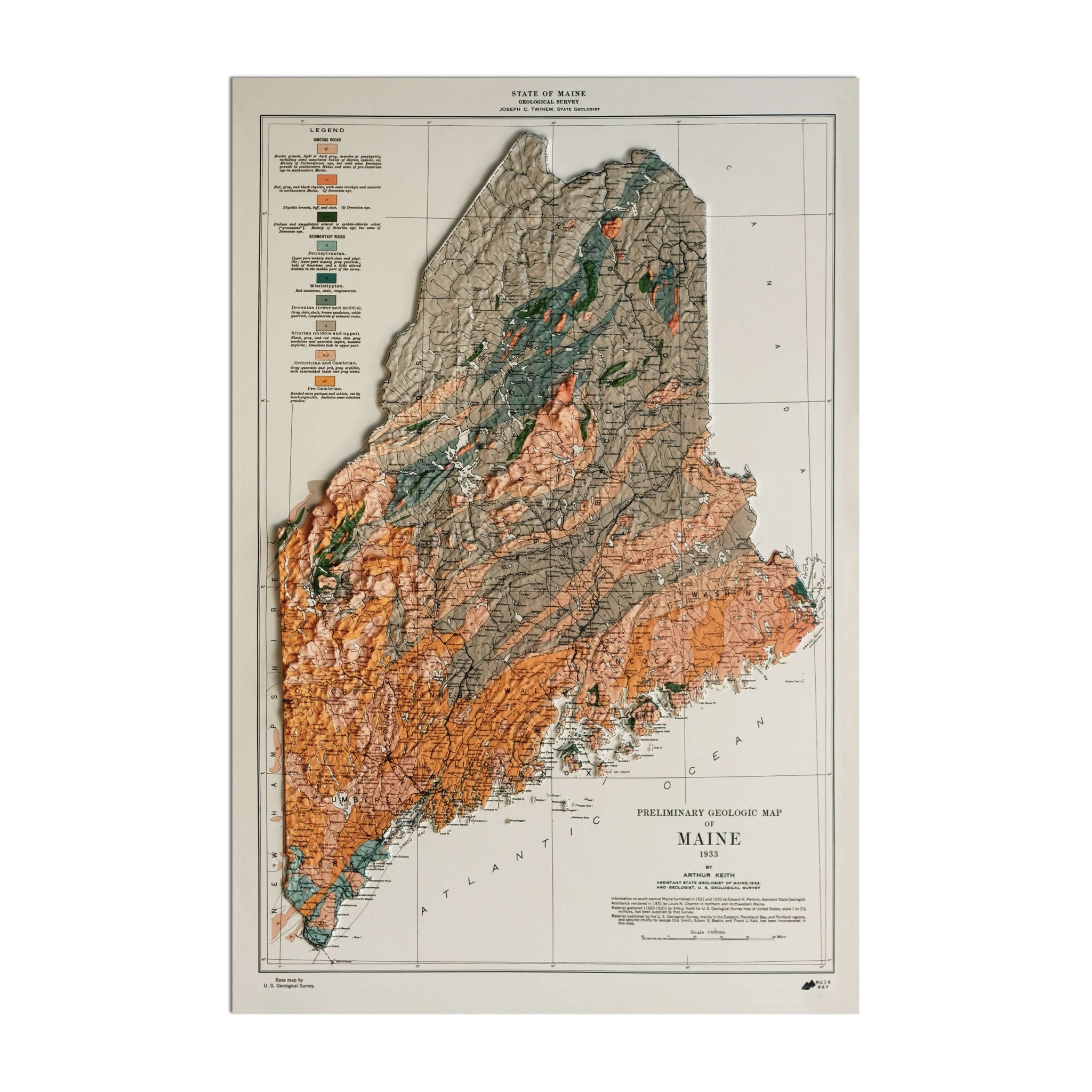 Maine 1933 3D Raised Relief Map - Muir Way - 3D