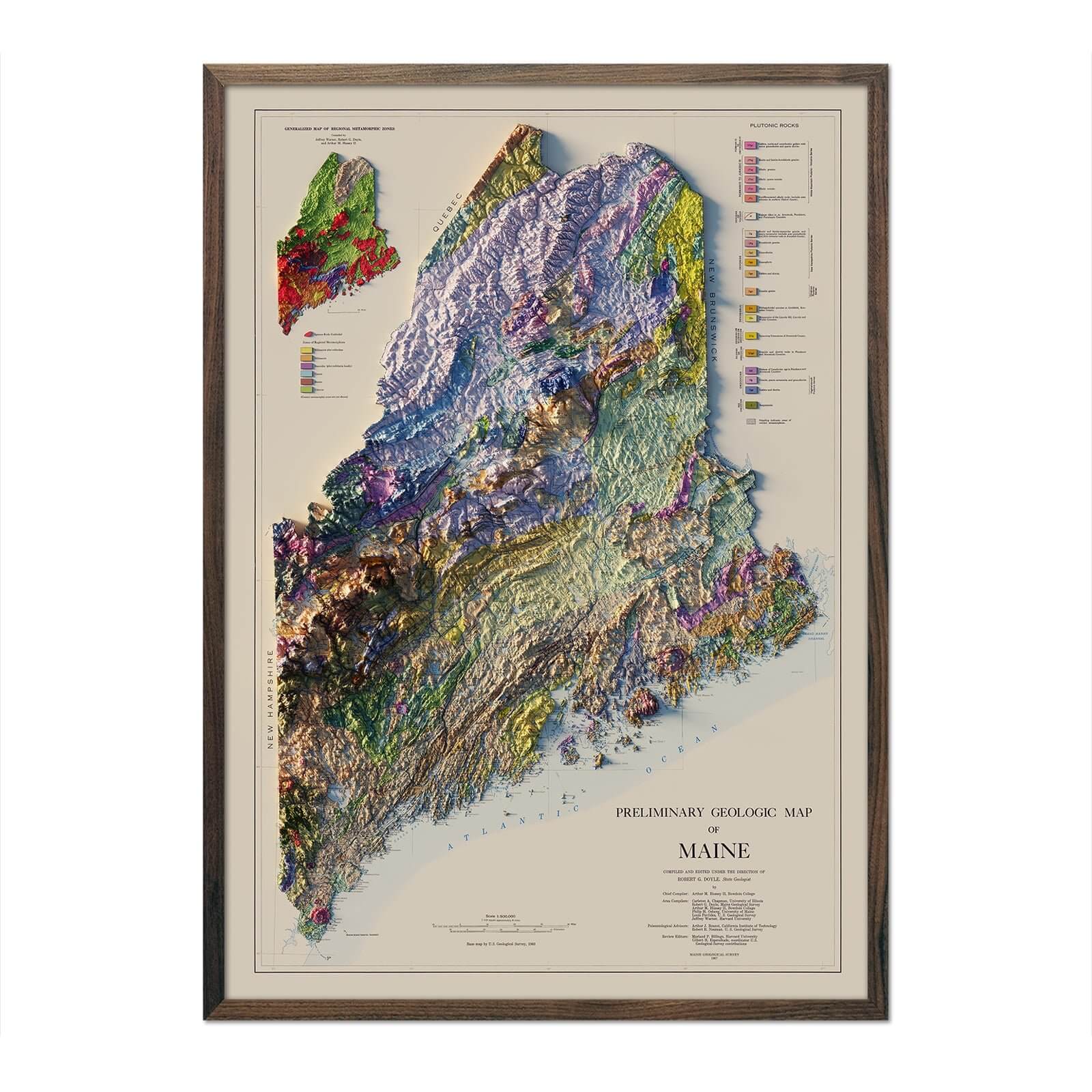 Maine 1967 Shaded Relief Map - Muir Way - Vintage Relief