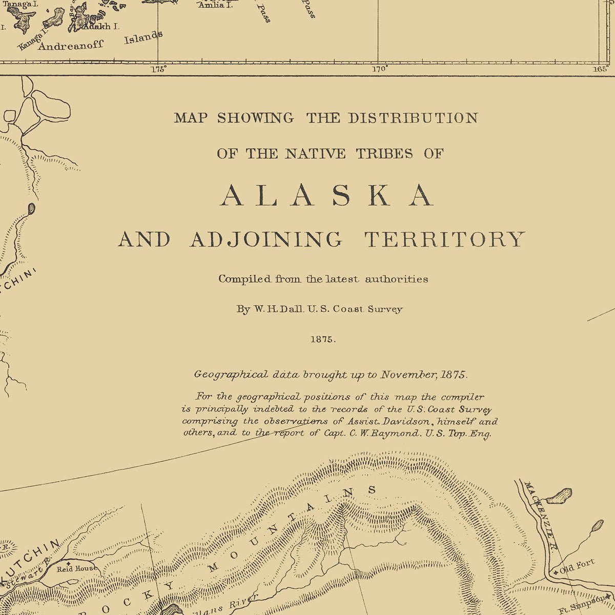 Map of the Distribution of the Native Tribes of Alaska and Adjoining Territory 1875 - Muir Way - Vintage Map