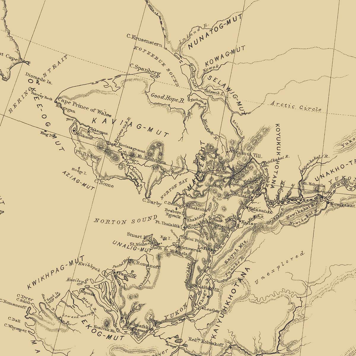 Map of the Distribution of the Native Tribes of Alaska and Adjoining Territory 1875 - Muir Way - Vintage Map