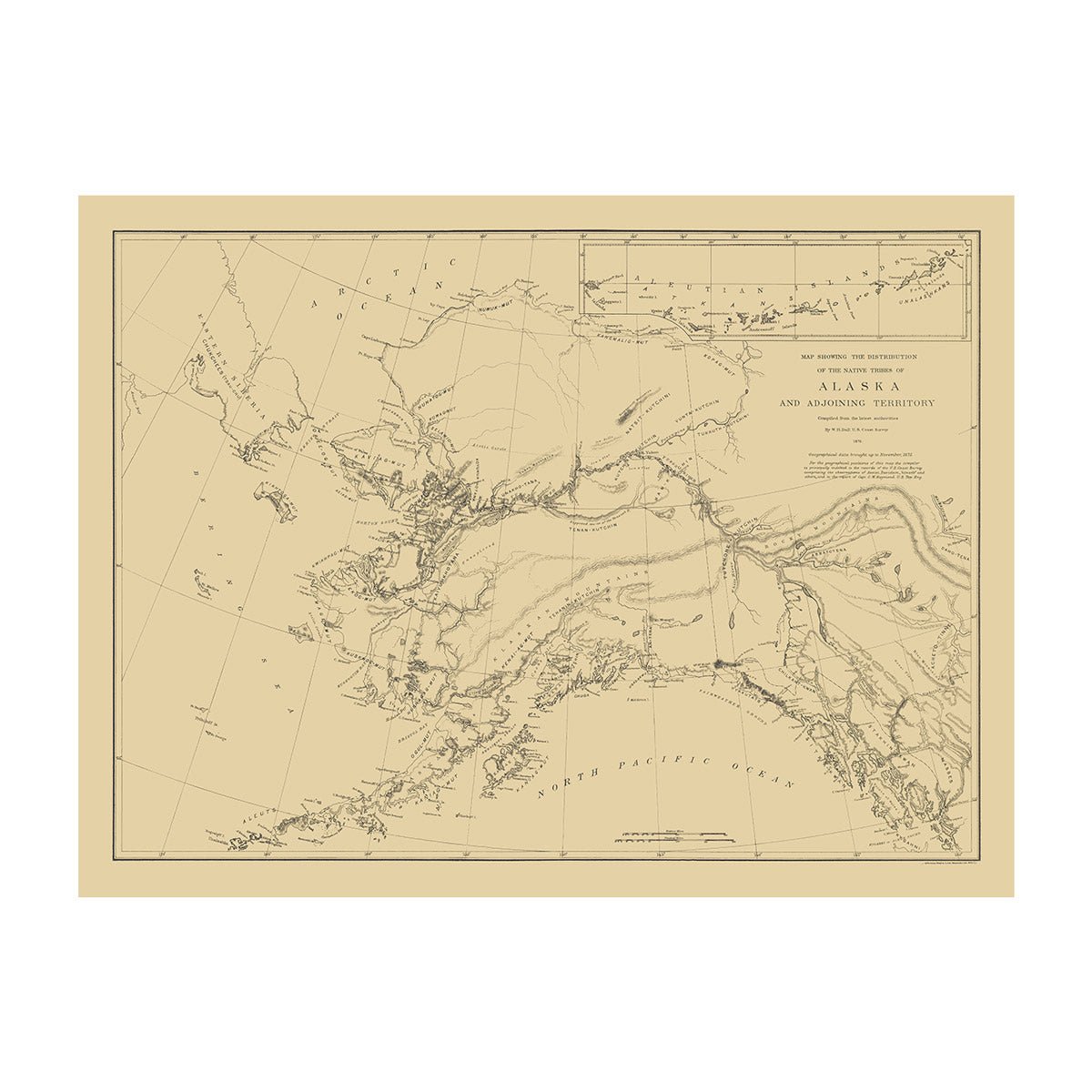 Map of the Distribution of the Native Tribes of Alaska and Adjoining Territory 1875 - Muir Way - Vintage Map