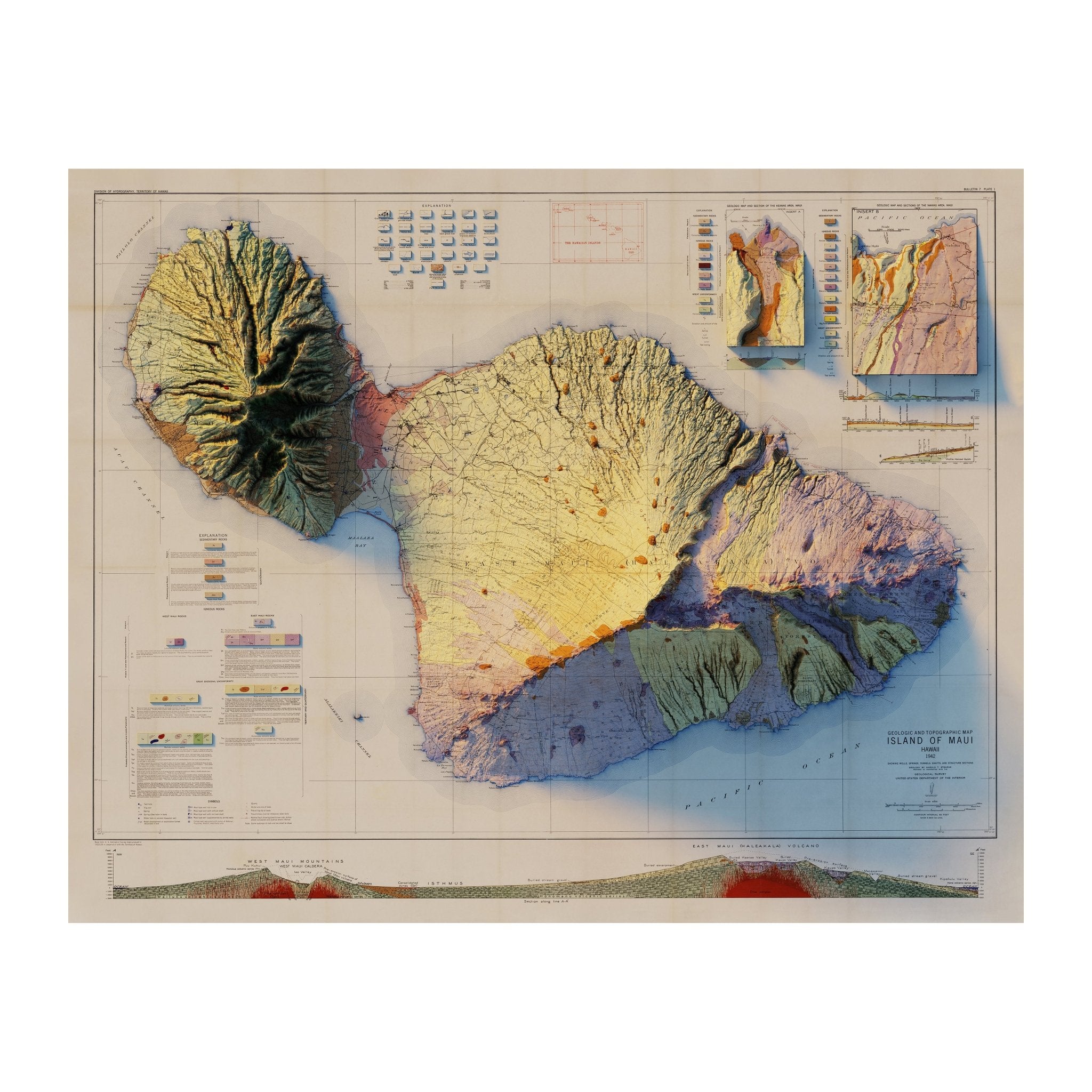 Maui 1942 Shaded Relief Map - Muir Way - Vintage Relief