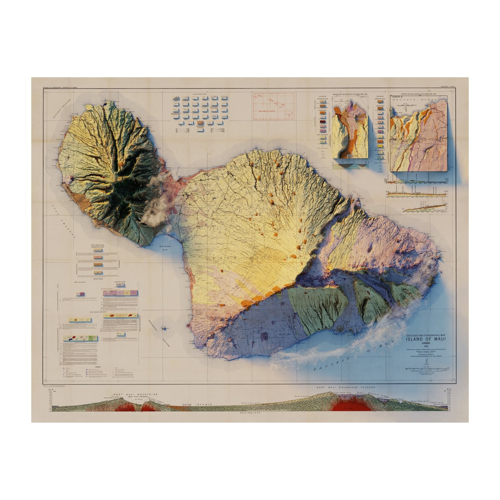 Maui 1942 Shaded Relief Map - Muir Way - Vintage Relief