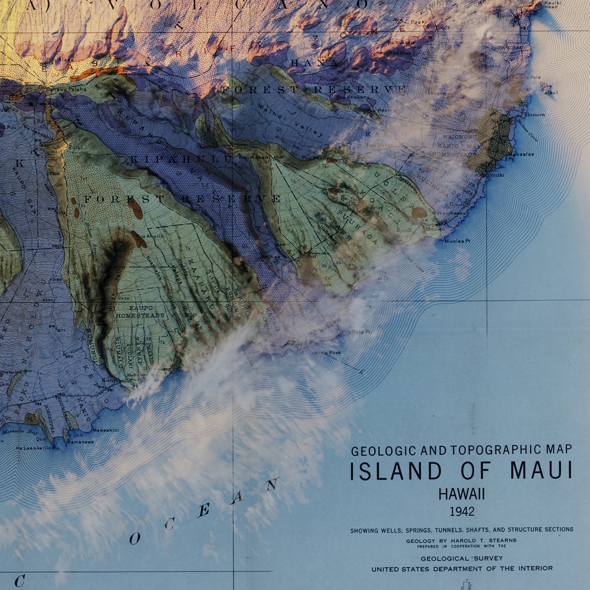 Maui 1942 Shaded Relief Map - Muir Way - Vintage Relief