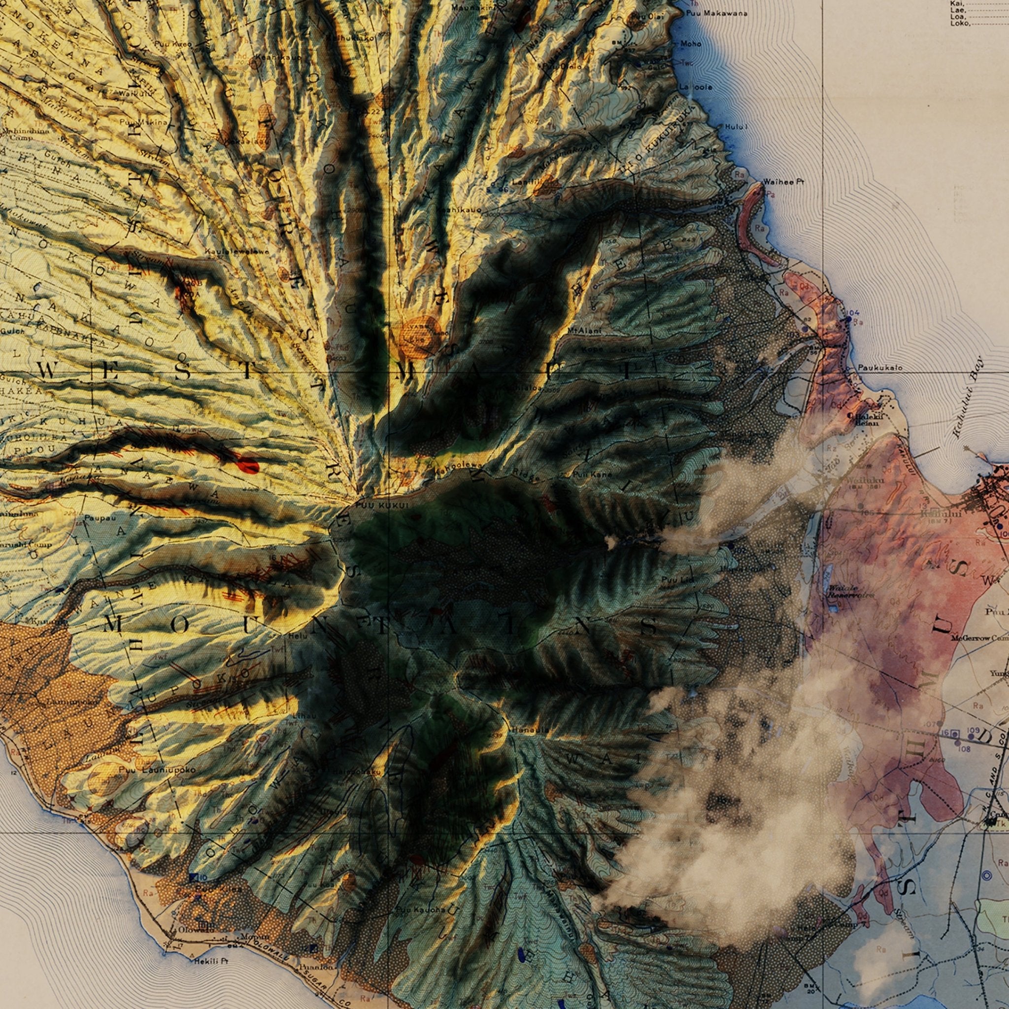 Maui 1942 Shaded Relief Map - Muir Way - Vintage Relief