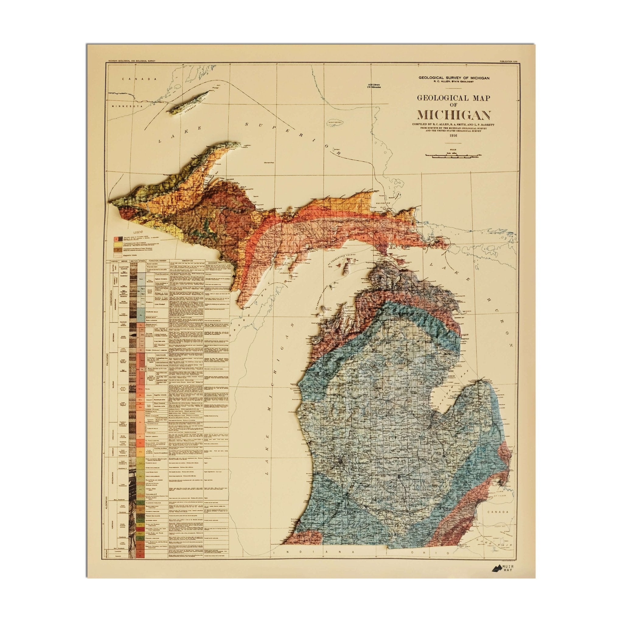 Michigan 1916 3D Raised Relief Map - Muir Way - 3D