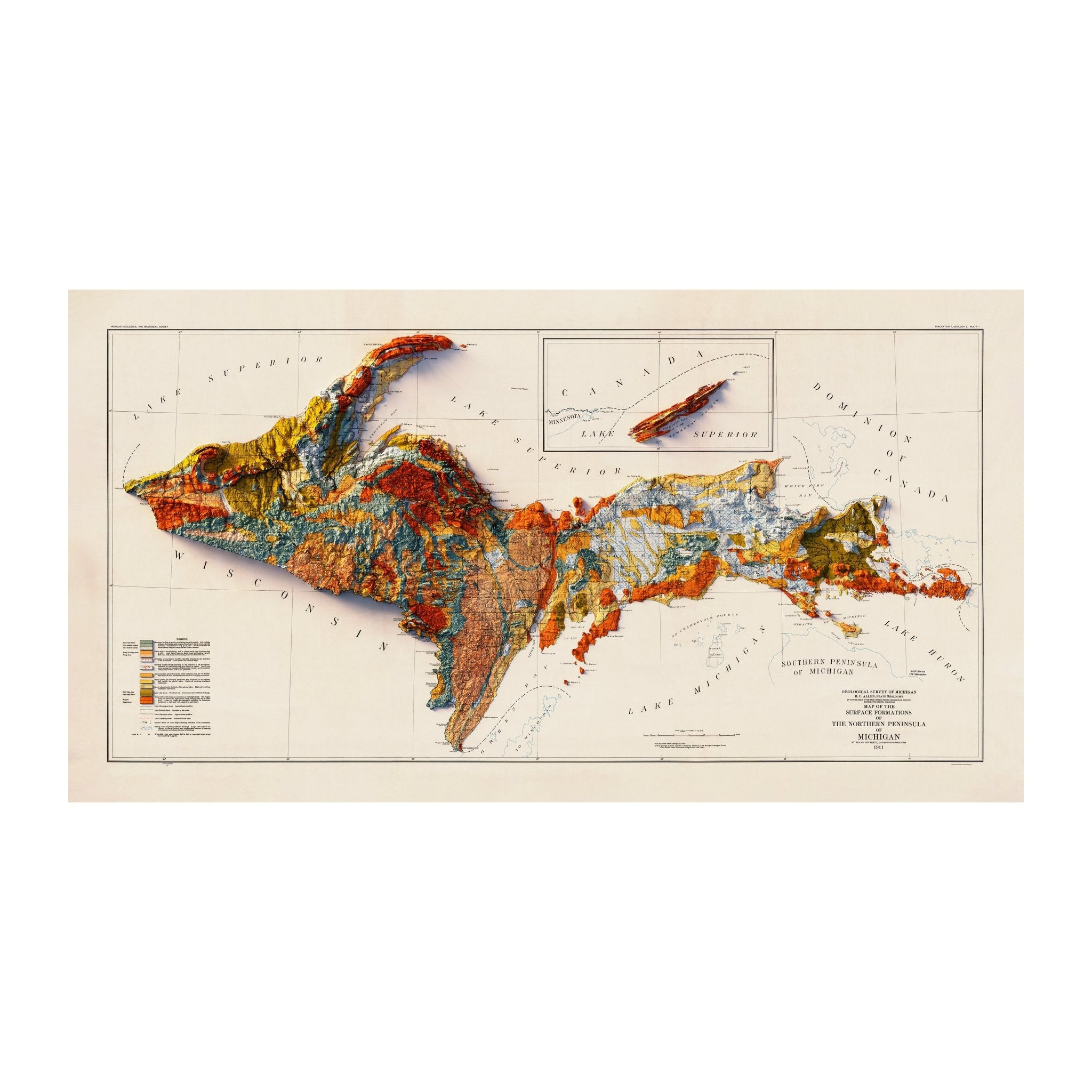 Michigan, Upper Peninsula 1911 Shaded Relief Map - Muir Way - Vintage Relief