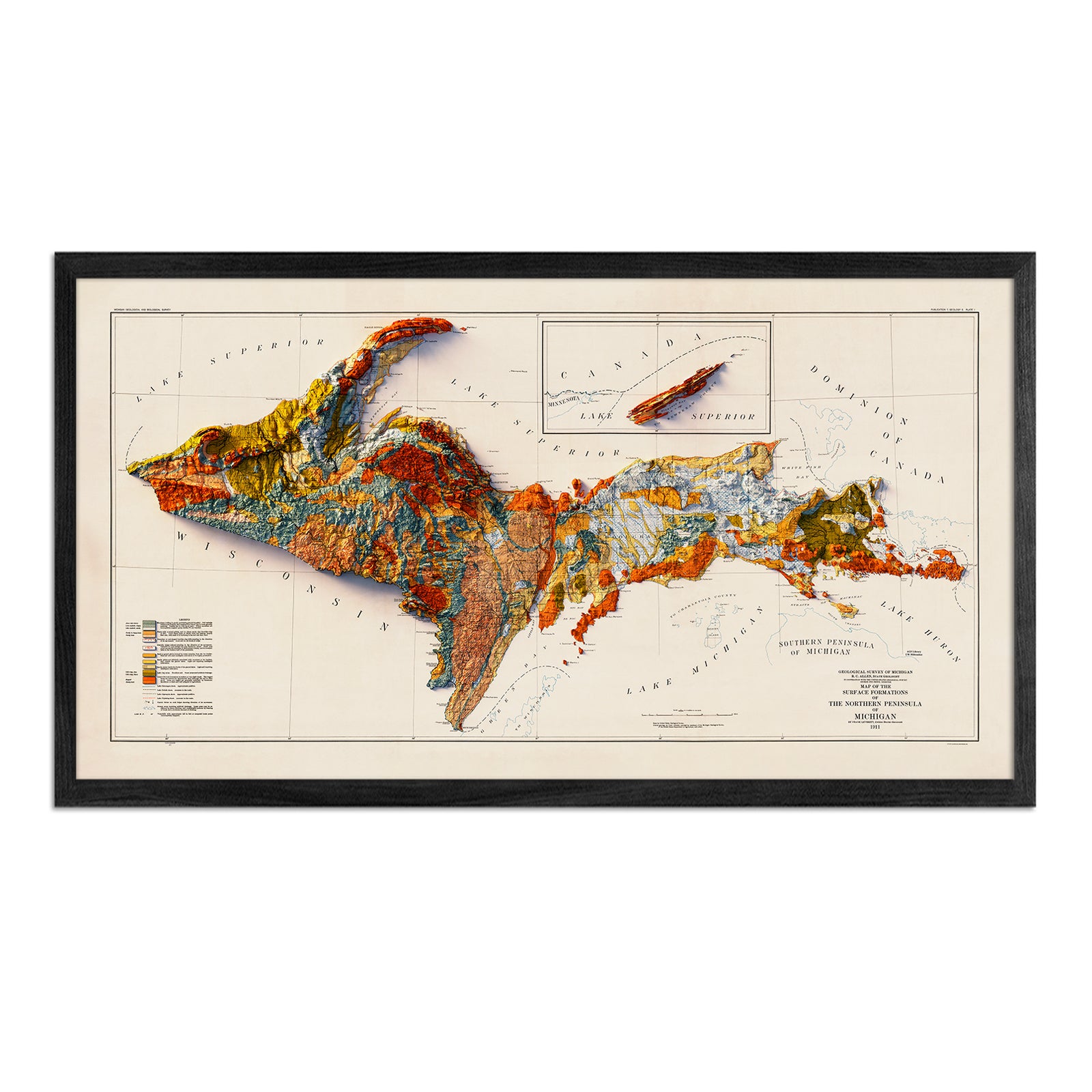Michigan, Upper Peninsula 1911 Shaded Relief Map - Muir Way - Vintage Relief