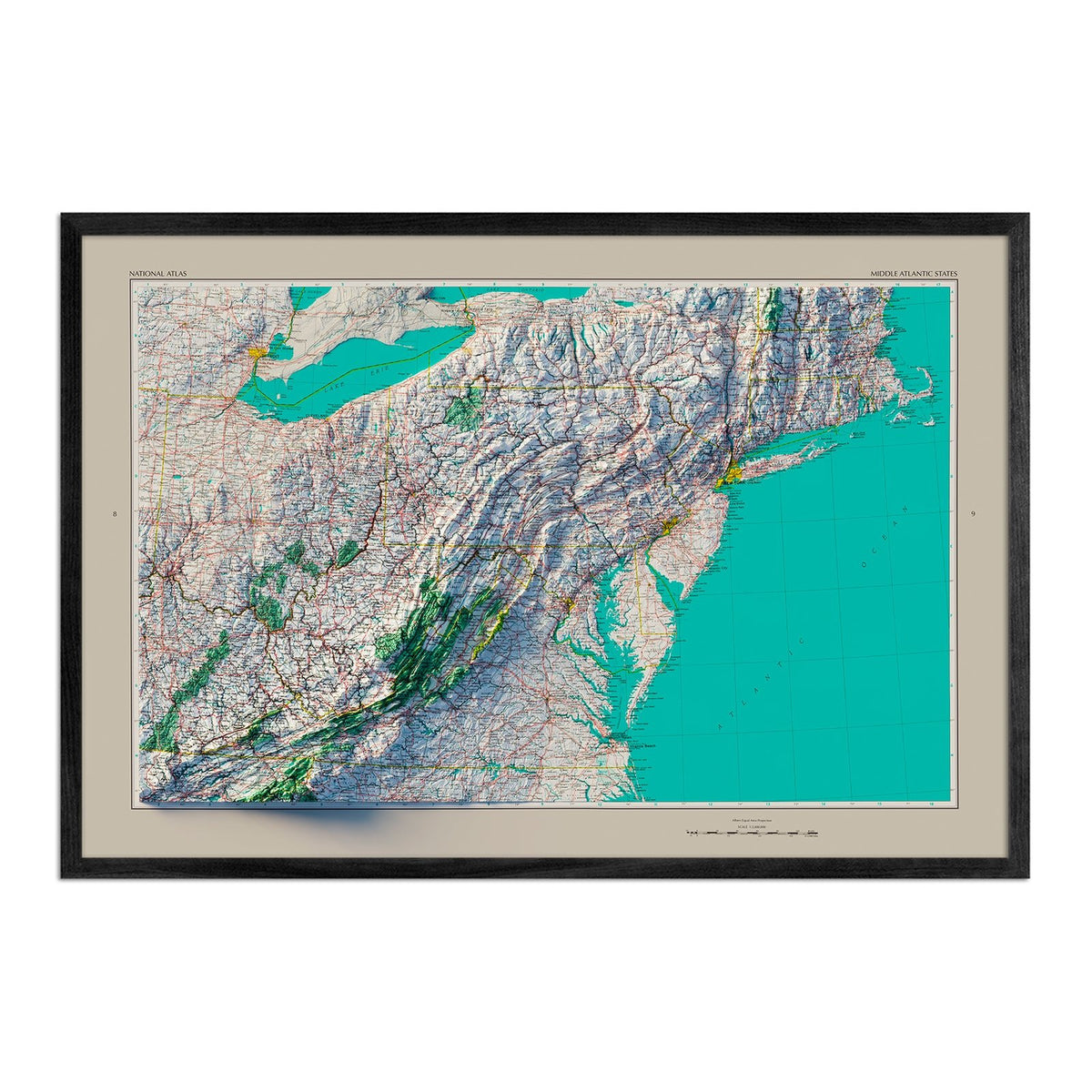 Middle Atlantic States 1970 Shaded Relief Map - Muir Way - Vintage Relief