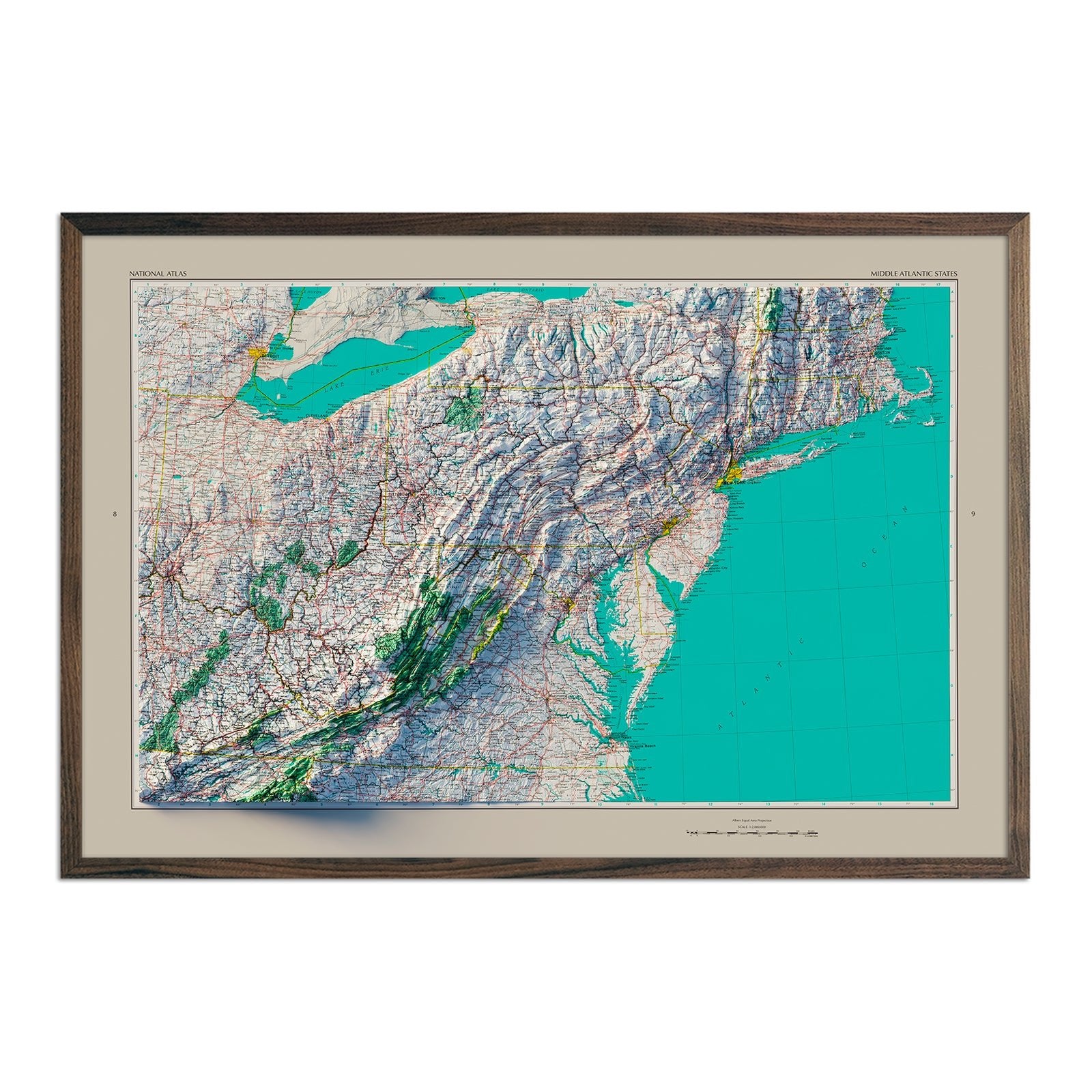 Middle Atlantic States 1970 Shaded Relief Map - Muir Way - Vintage Relief